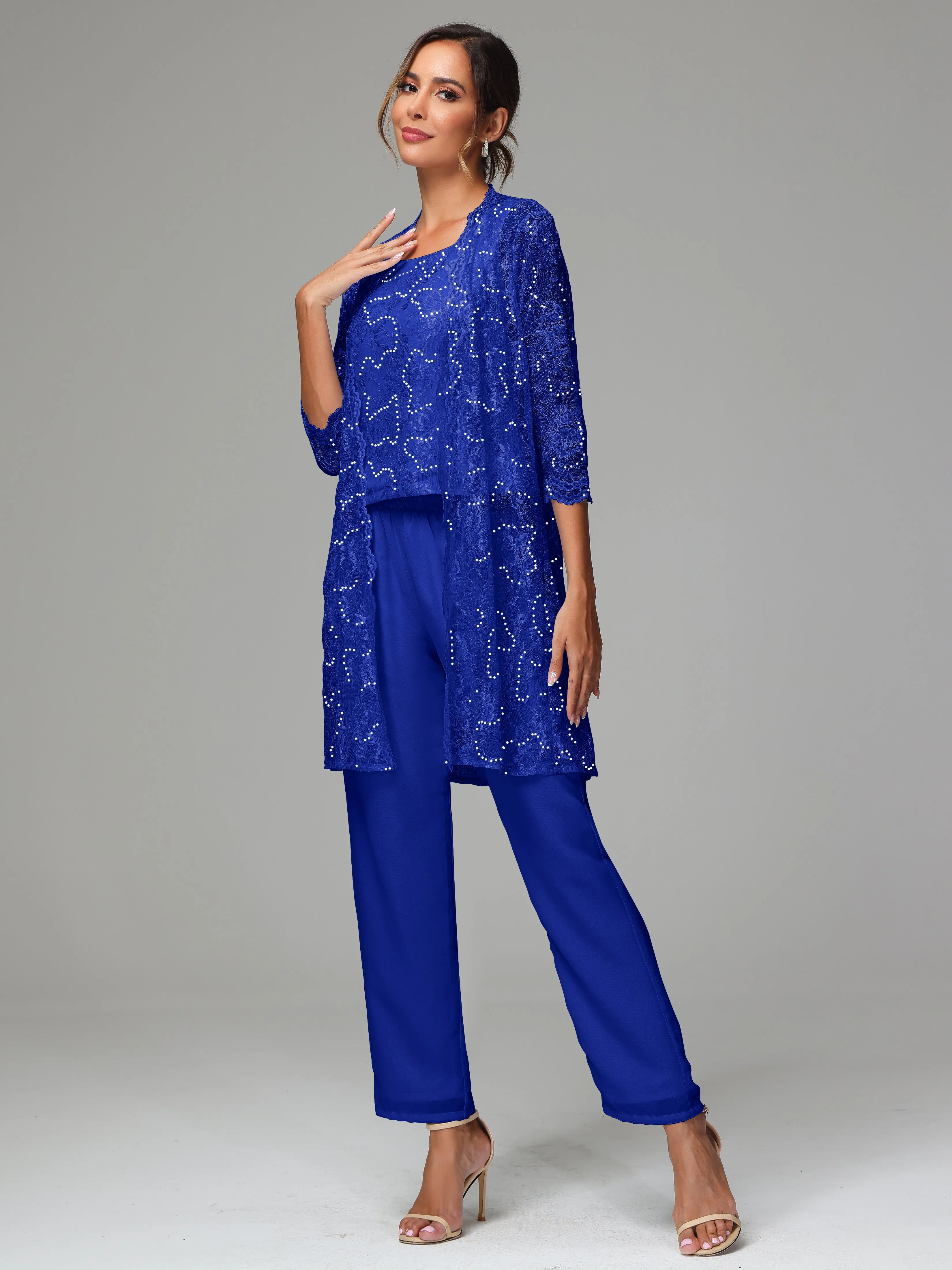 Chic Chiffon Lace 3 Pieces Long Sleeves Mother Of The Bride Dress Pants Suits
