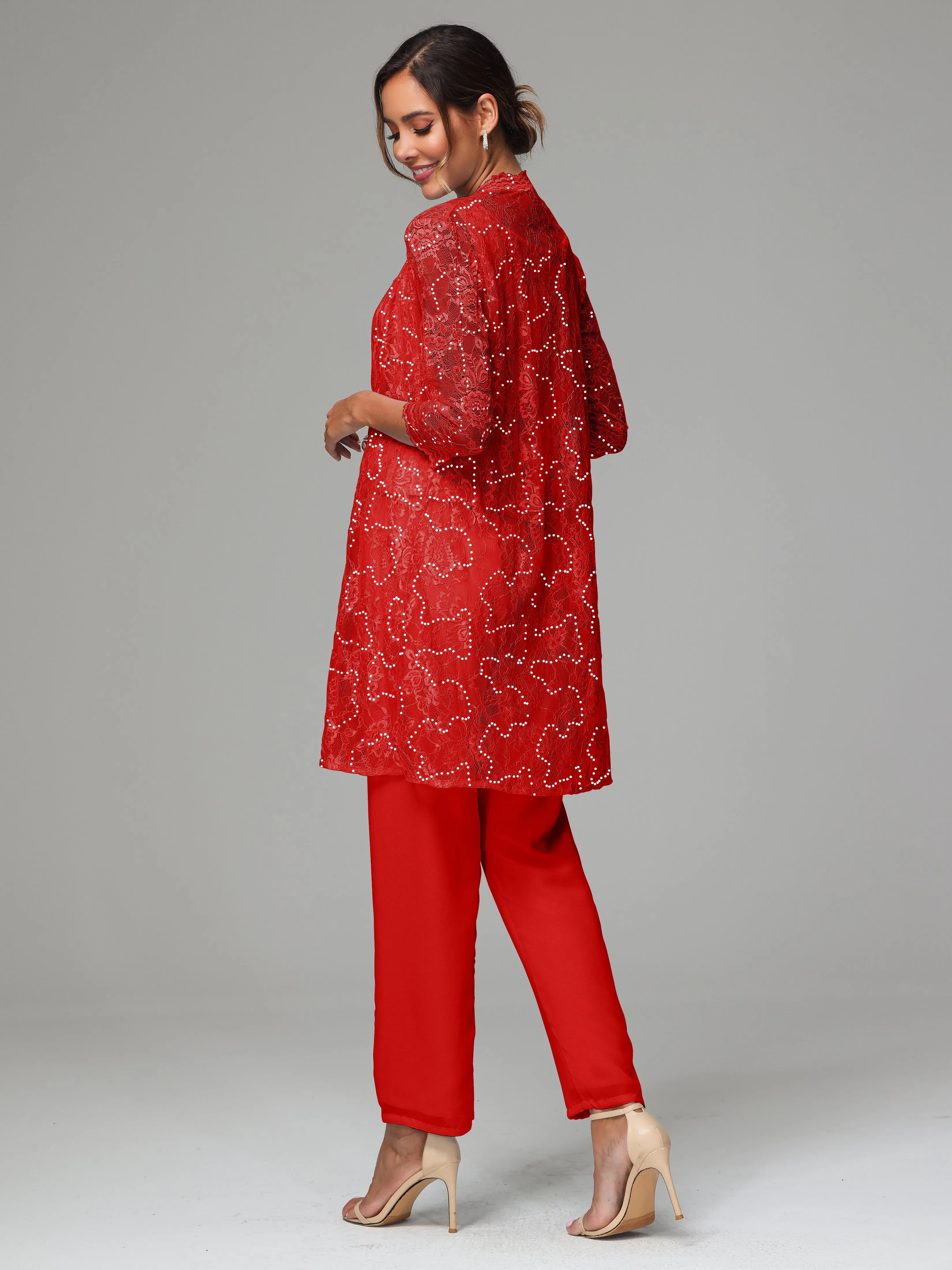 Chic Chiffon Lace 3 Pieces Long Sleeves Mother Of The Bride Dress Pants Suits