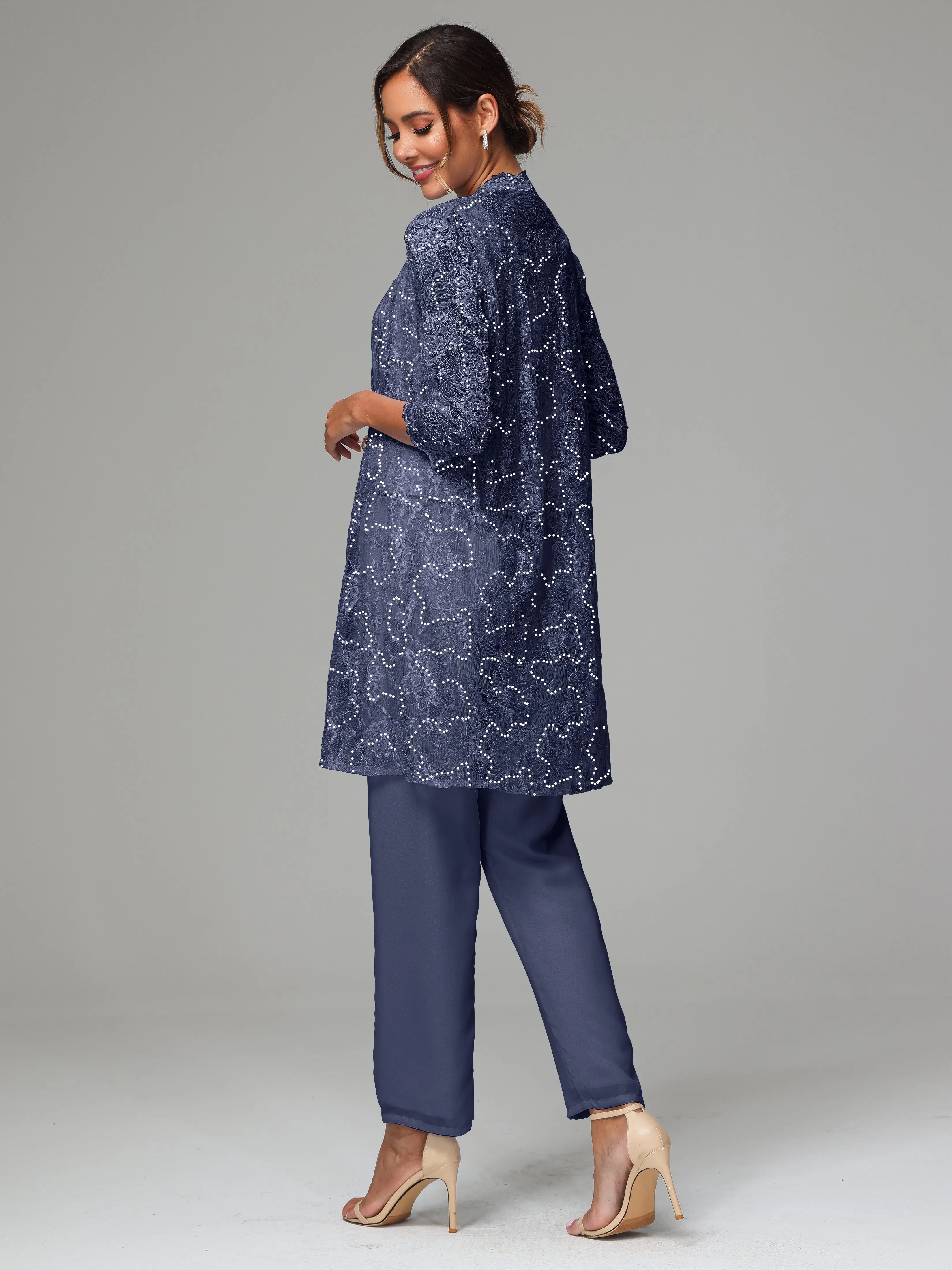 Chic Chiffon Lace 3 Pieces Long Sleeves Mother Of The Bride Dress Pants Suits