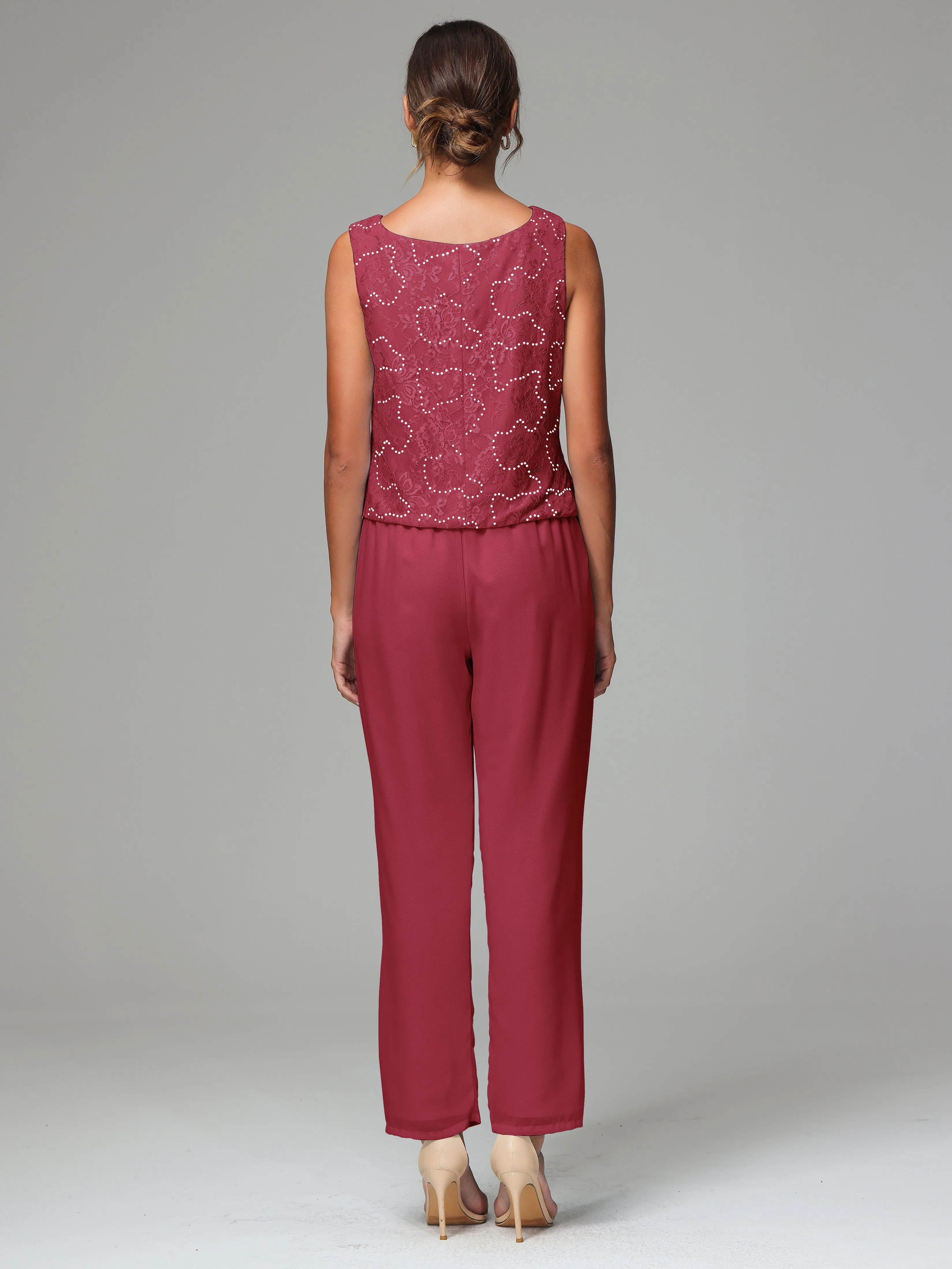 Chic Chiffon Lace 3 Pieces Long Sleeves Mother Of The Bride Dress Pants Suits