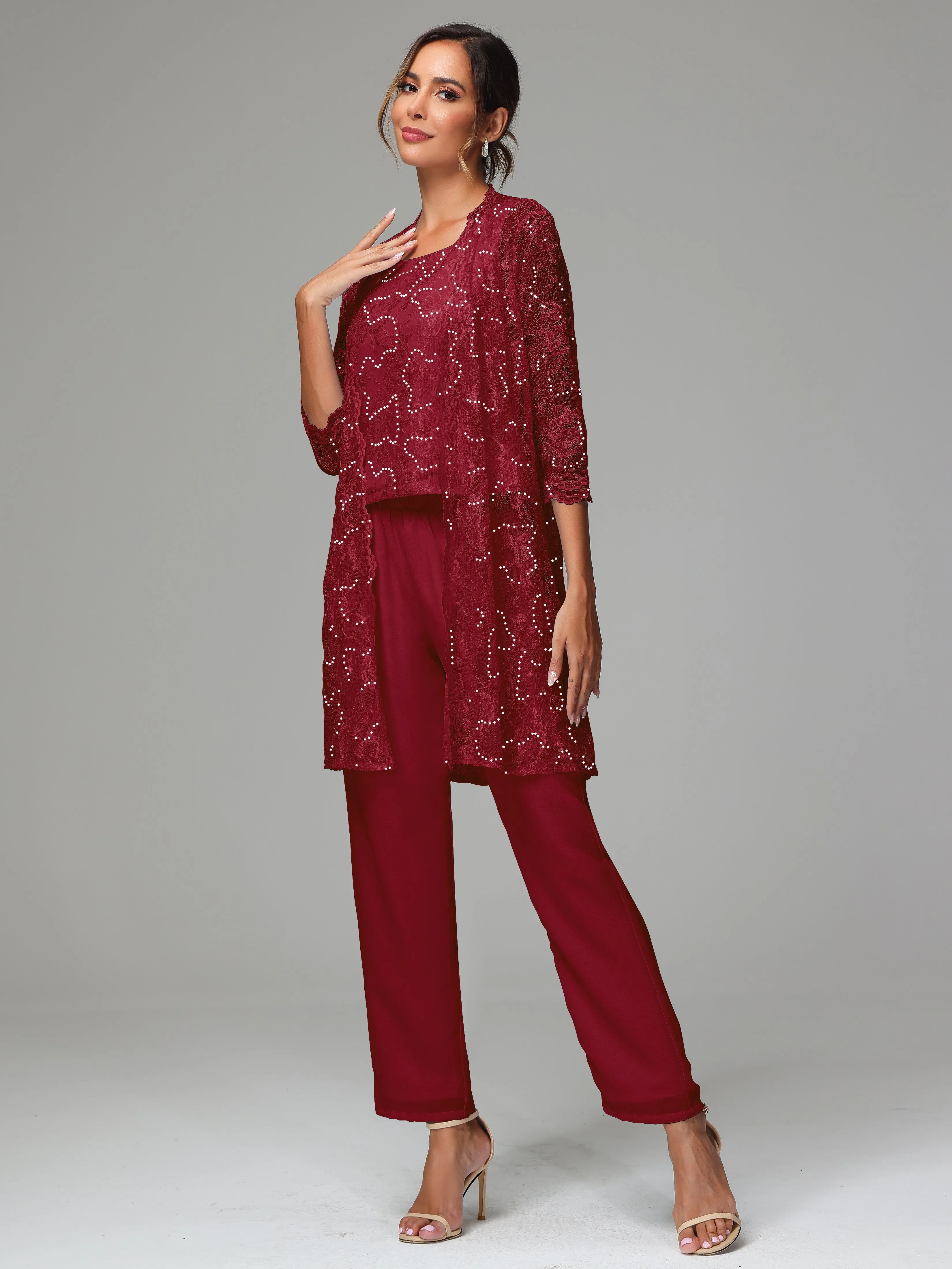 Chic Chiffon Lace 3 Pieces Long Sleeves Mother Of The Bride Dress Pants Suits