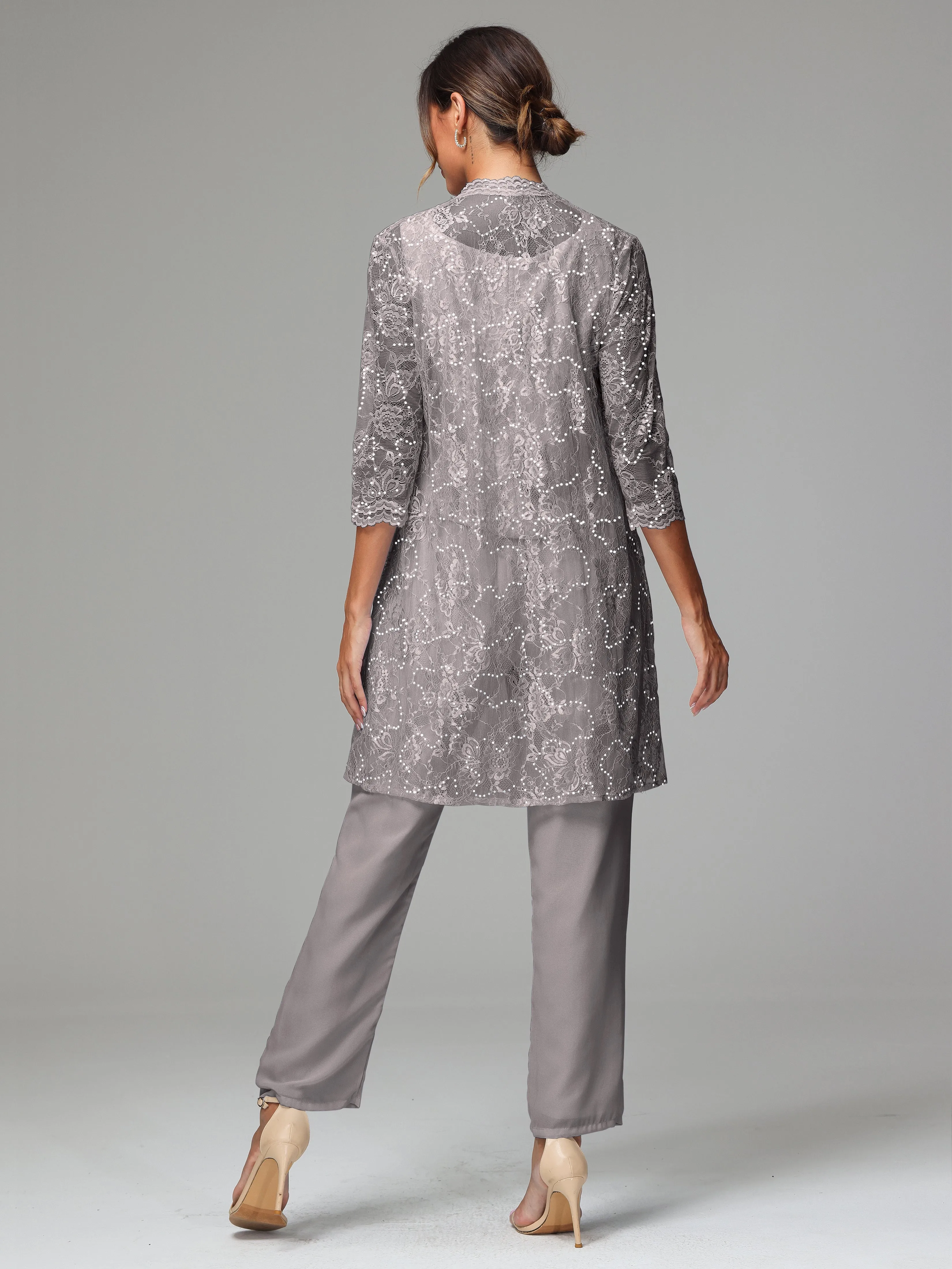 Chic Chiffon Lace 3 Pieces Long Sleeves Mother Of The Bride Dress Pants Suits