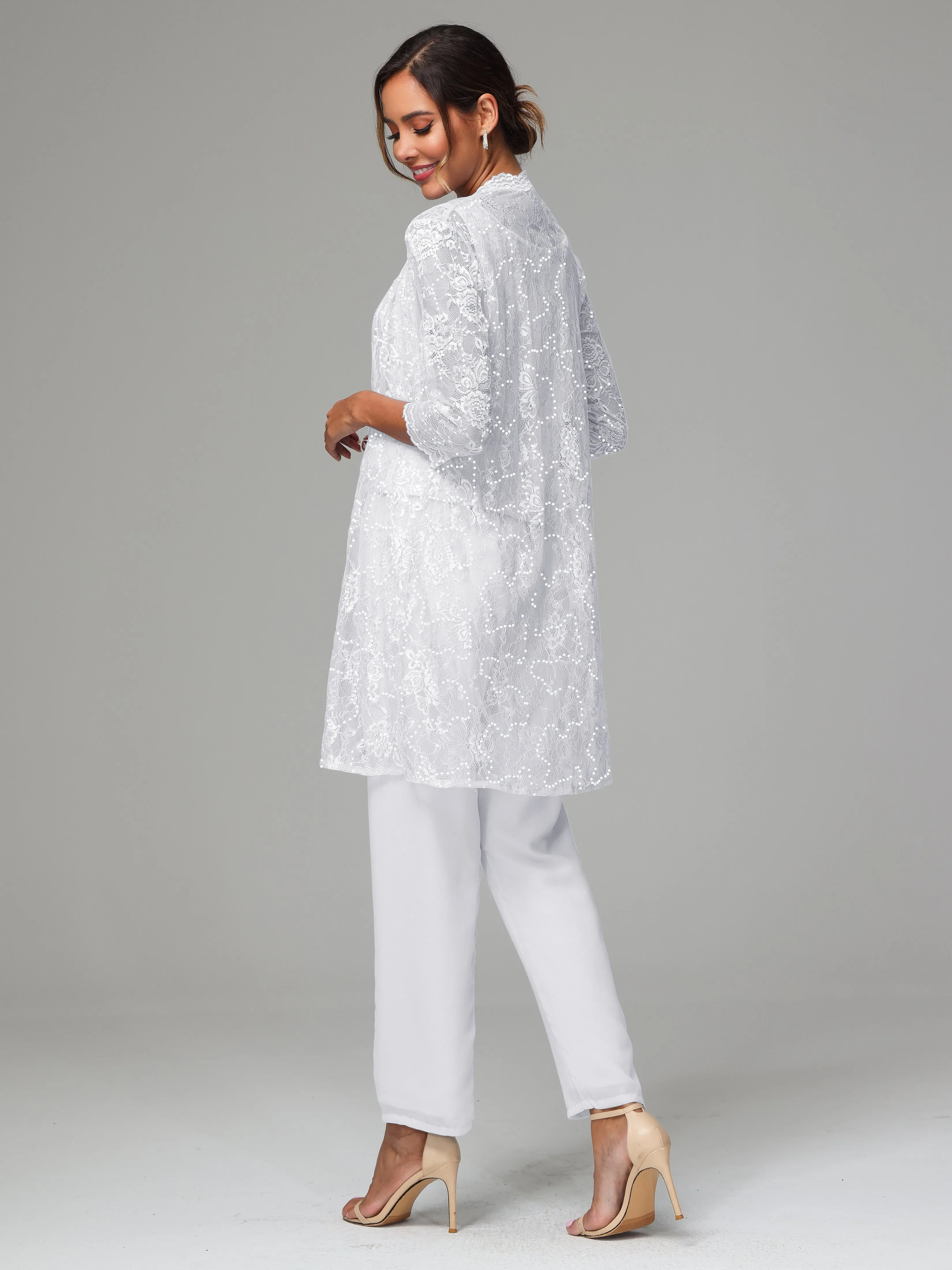 Chic Chiffon Lace 3 Pieces Long Sleeves Mother Of The Bride Dress Pants Suits