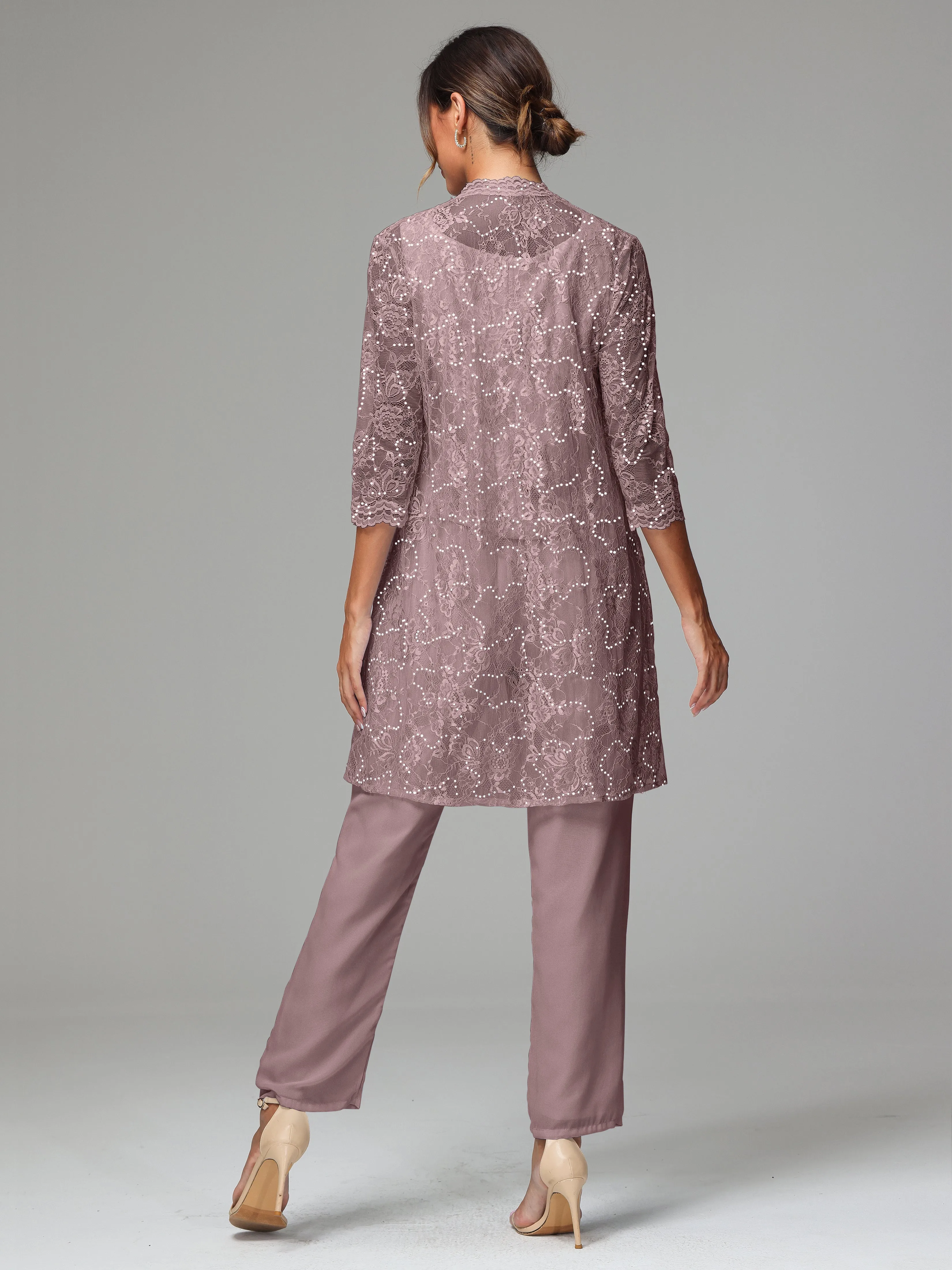 Chic Chiffon Lace 3 Pieces Long Sleeves Mother Of The Bride Dress Pants Suits