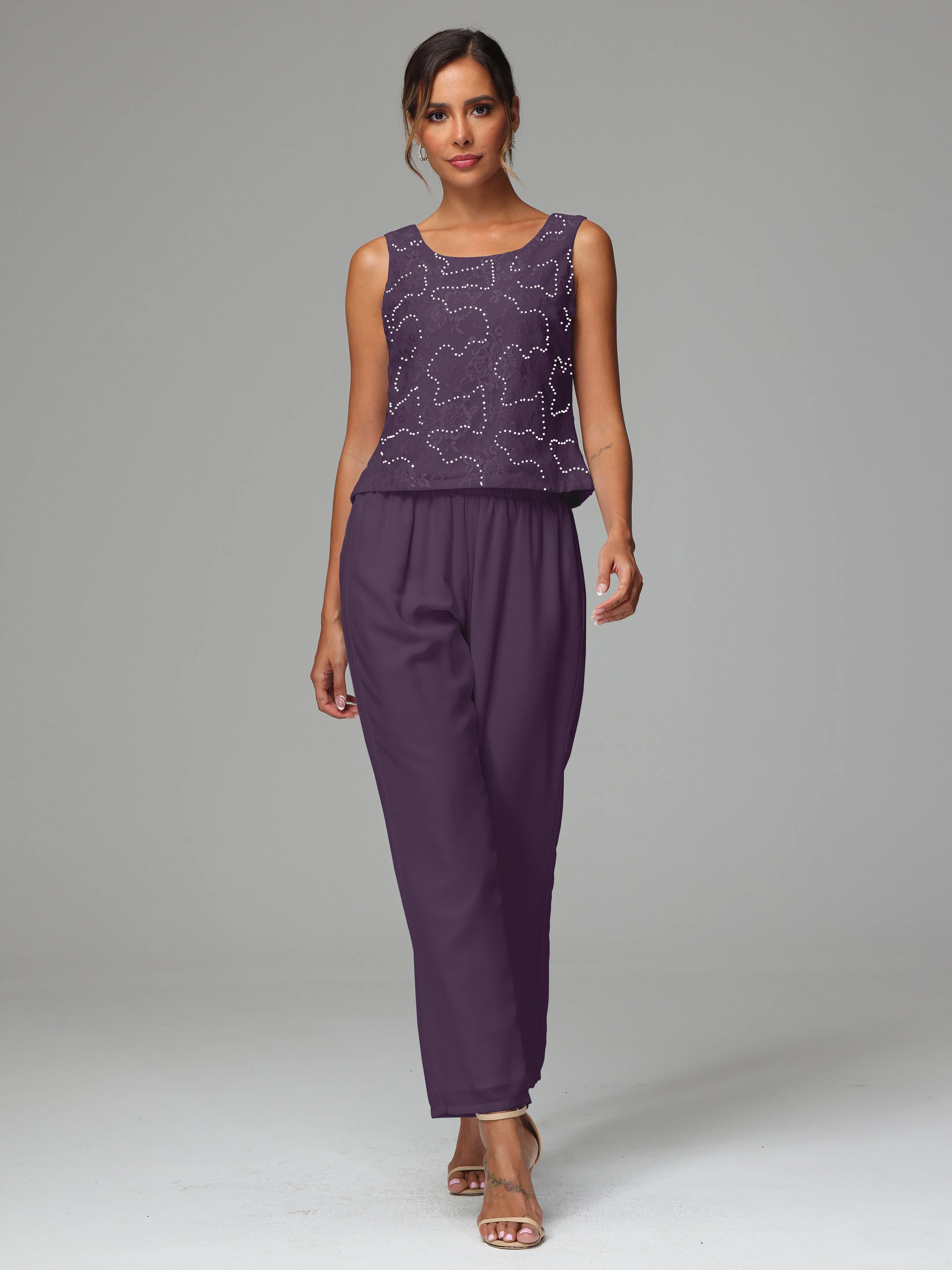 Chic Chiffon Lace 3 Pieces Long Sleeves Mother Of The Bride Dress Pants Suits