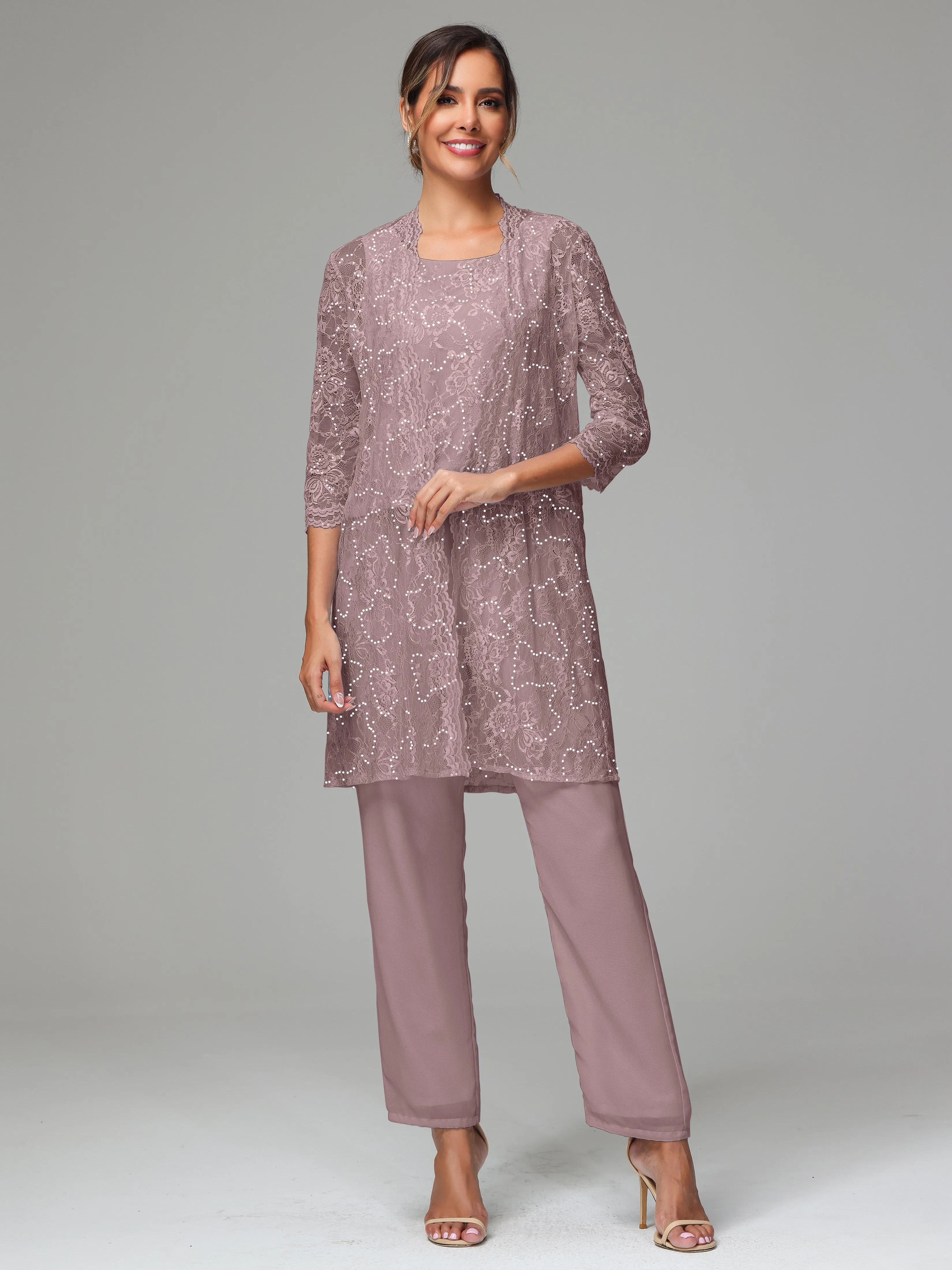 Chic Chiffon Lace 3 Pieces Long Sleeves Mother Of The Bride Dress Pants Suits