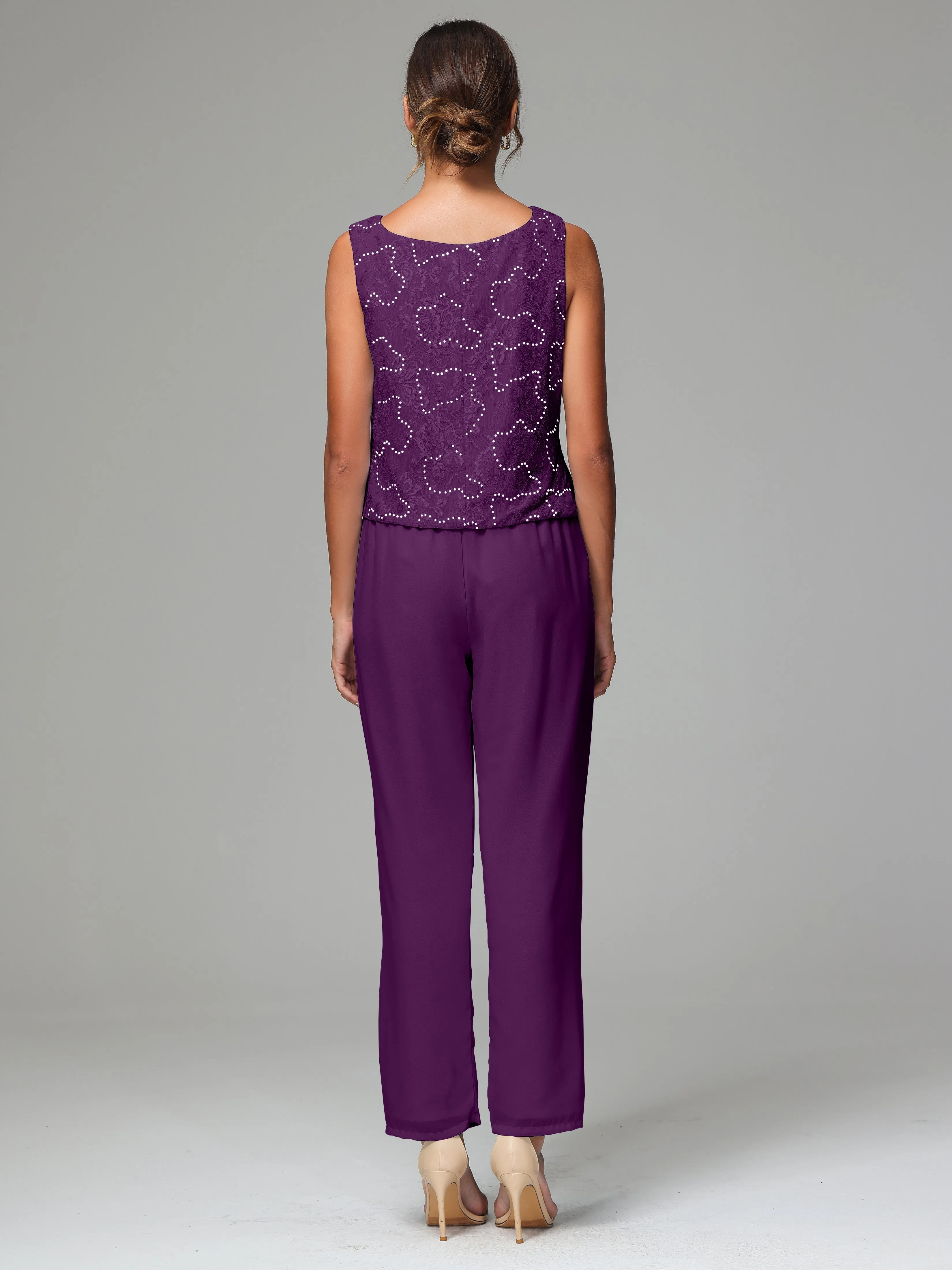 Chic Chiffon Lace 3 Pieces Long Sleeves Mother Of The Bride Dress Pants Suits
