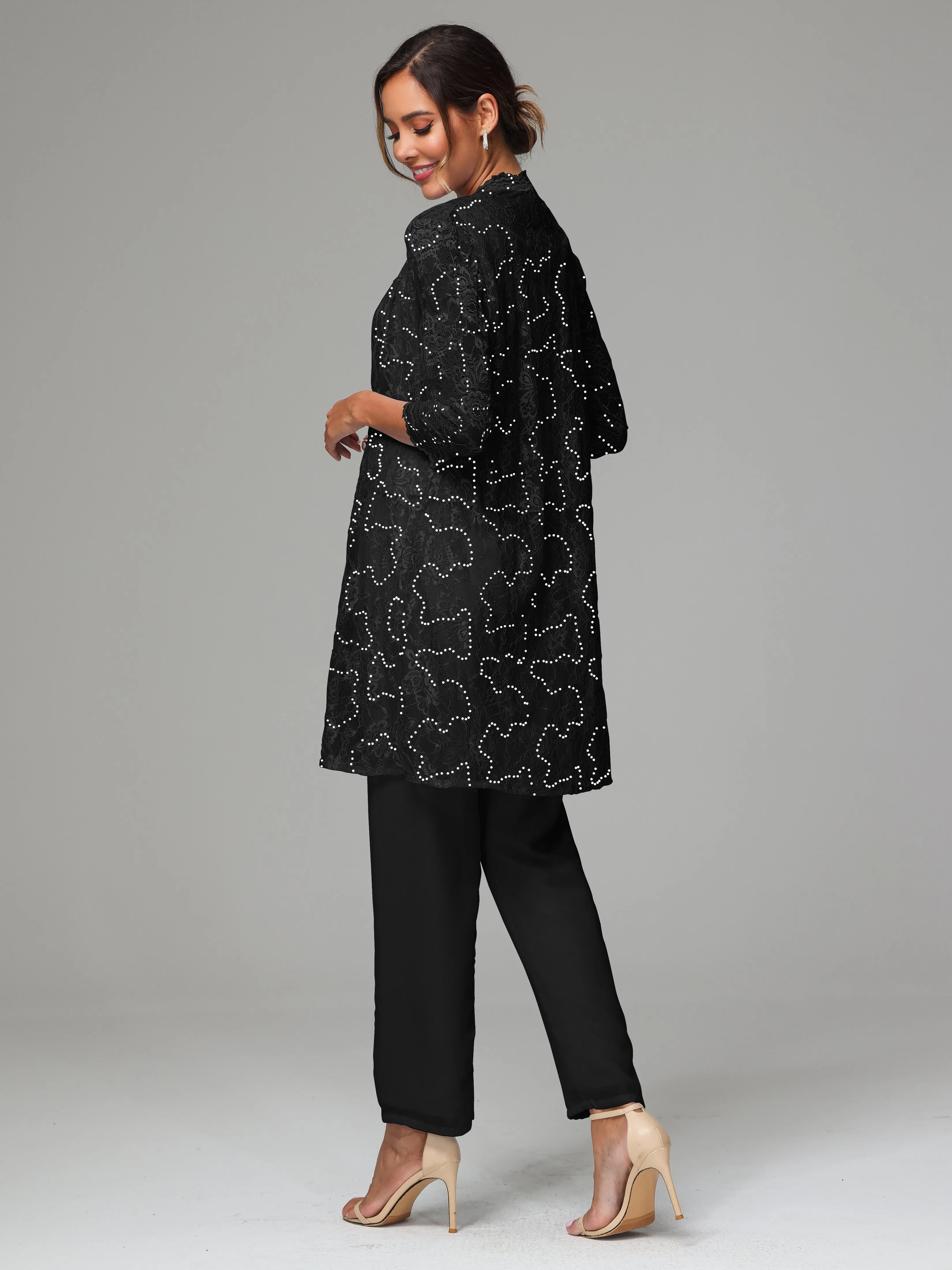 Chic Chiffon Lace 3 Pieces Long Sleeves Mother Of The Bride Dress Pants Suits