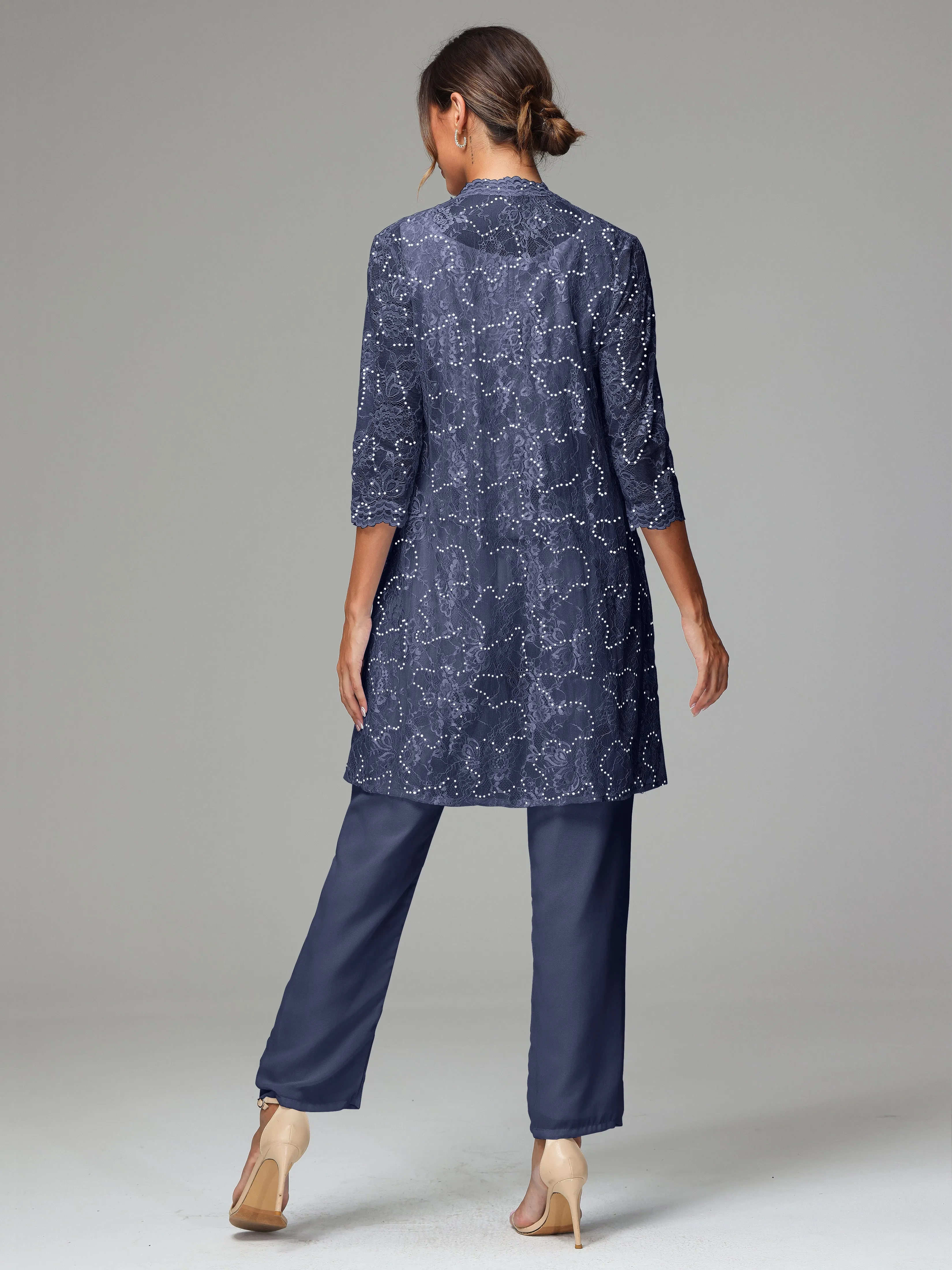 Chic Chiffon Lace 3 Pieces Long Sleeves Mother Of The Bride Dress Pants Suits