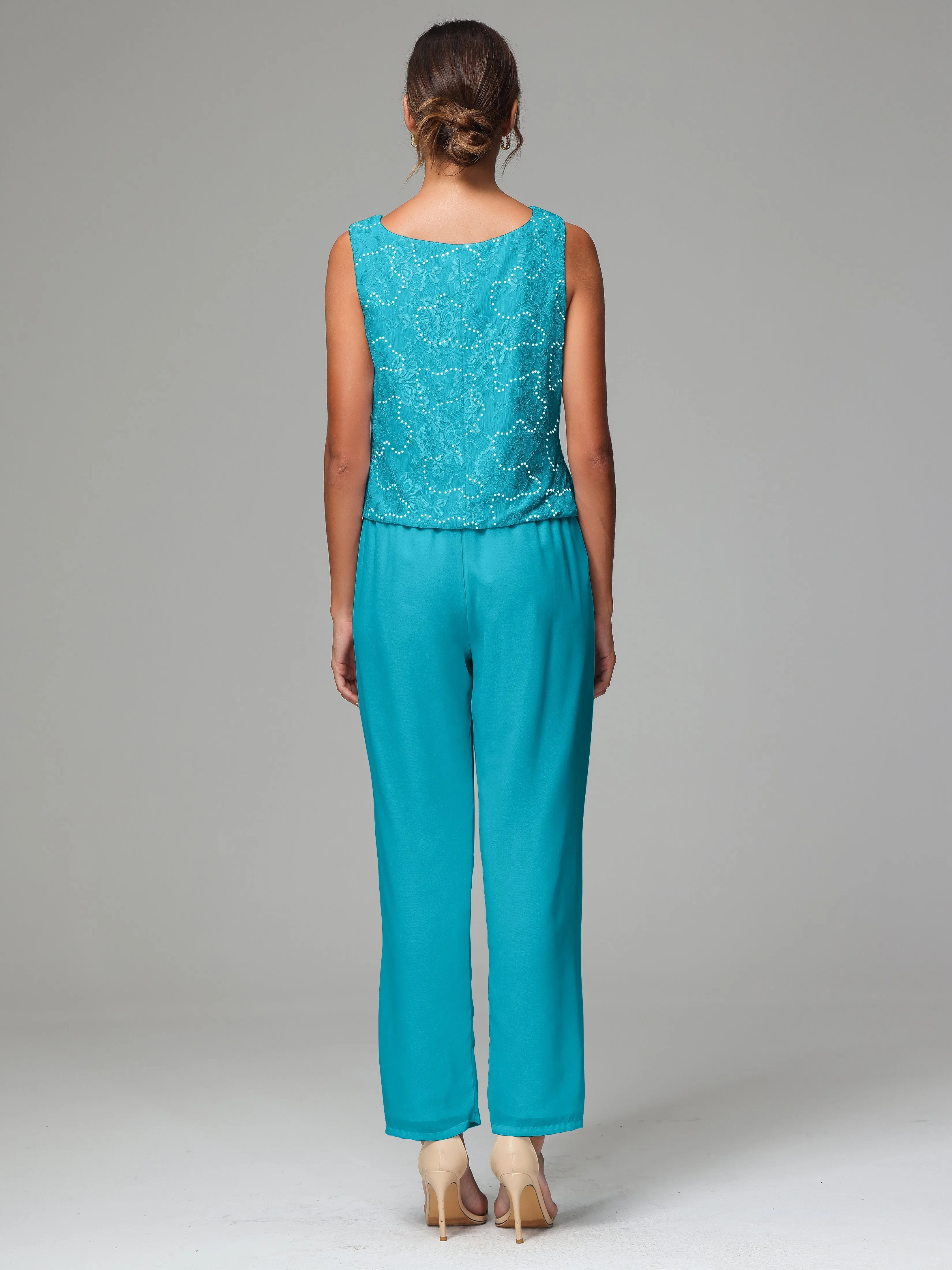 Chic Chiffon Lace 3 Pieces Long Sleeves Mother Of The Bride Dress Pants Suits