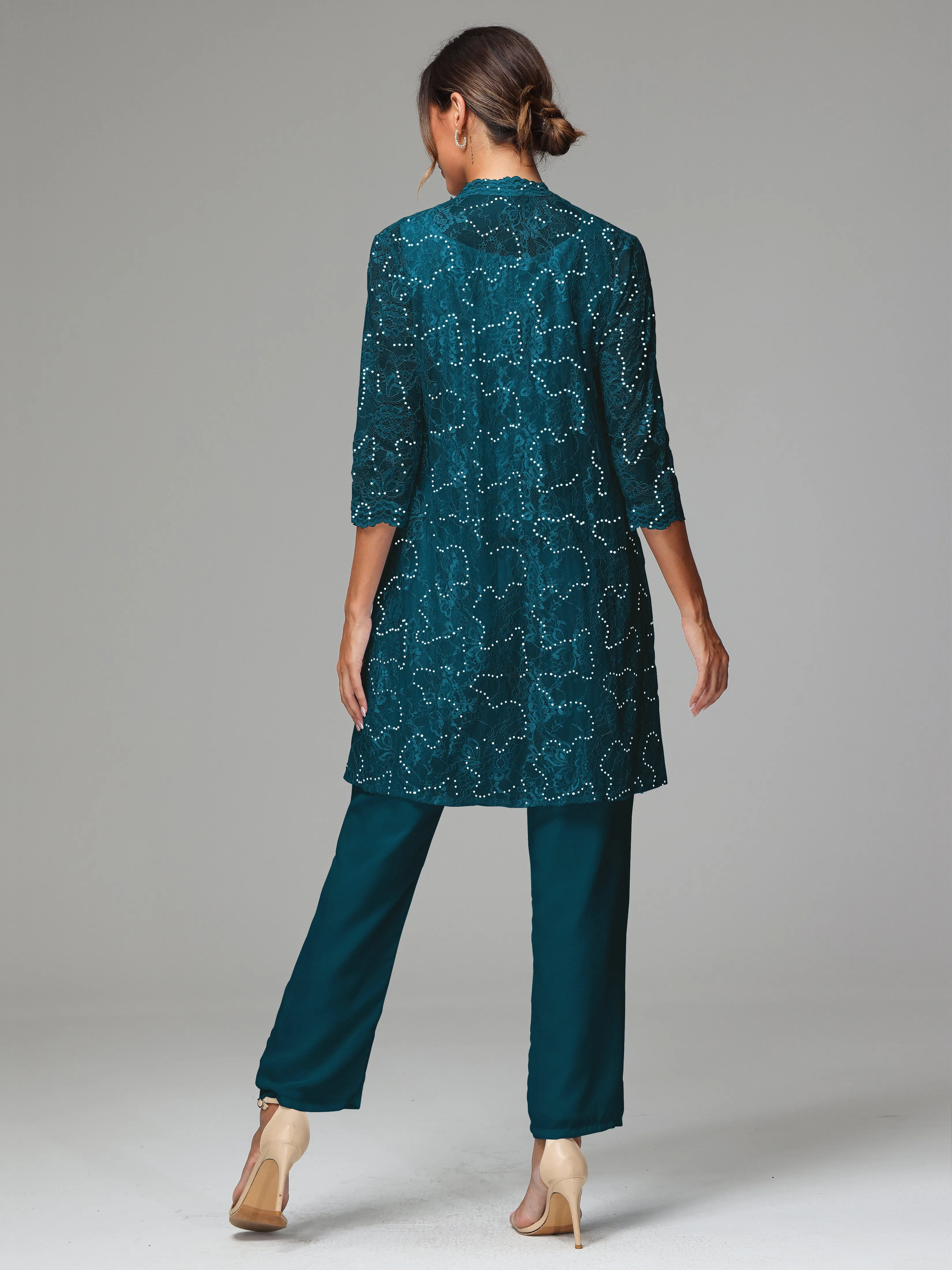 Chic Chiffon Lace 3 Pieces Long Sleeves Mother Of The Bride Dress Pants Suits