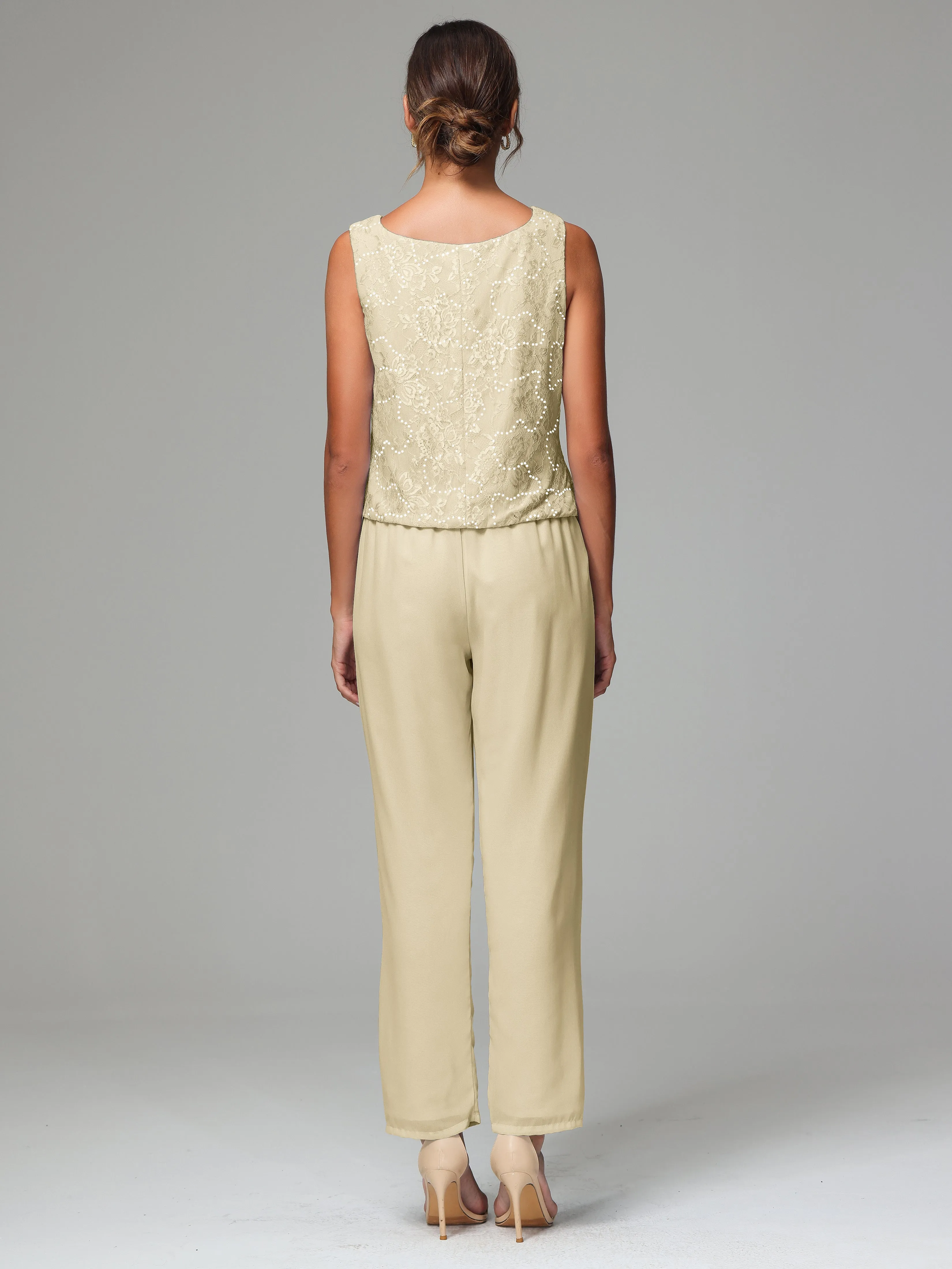 Chic Chiffon Lace 3 Pieces Long Sleeves Mother Of The Bride Dress Pants Suits