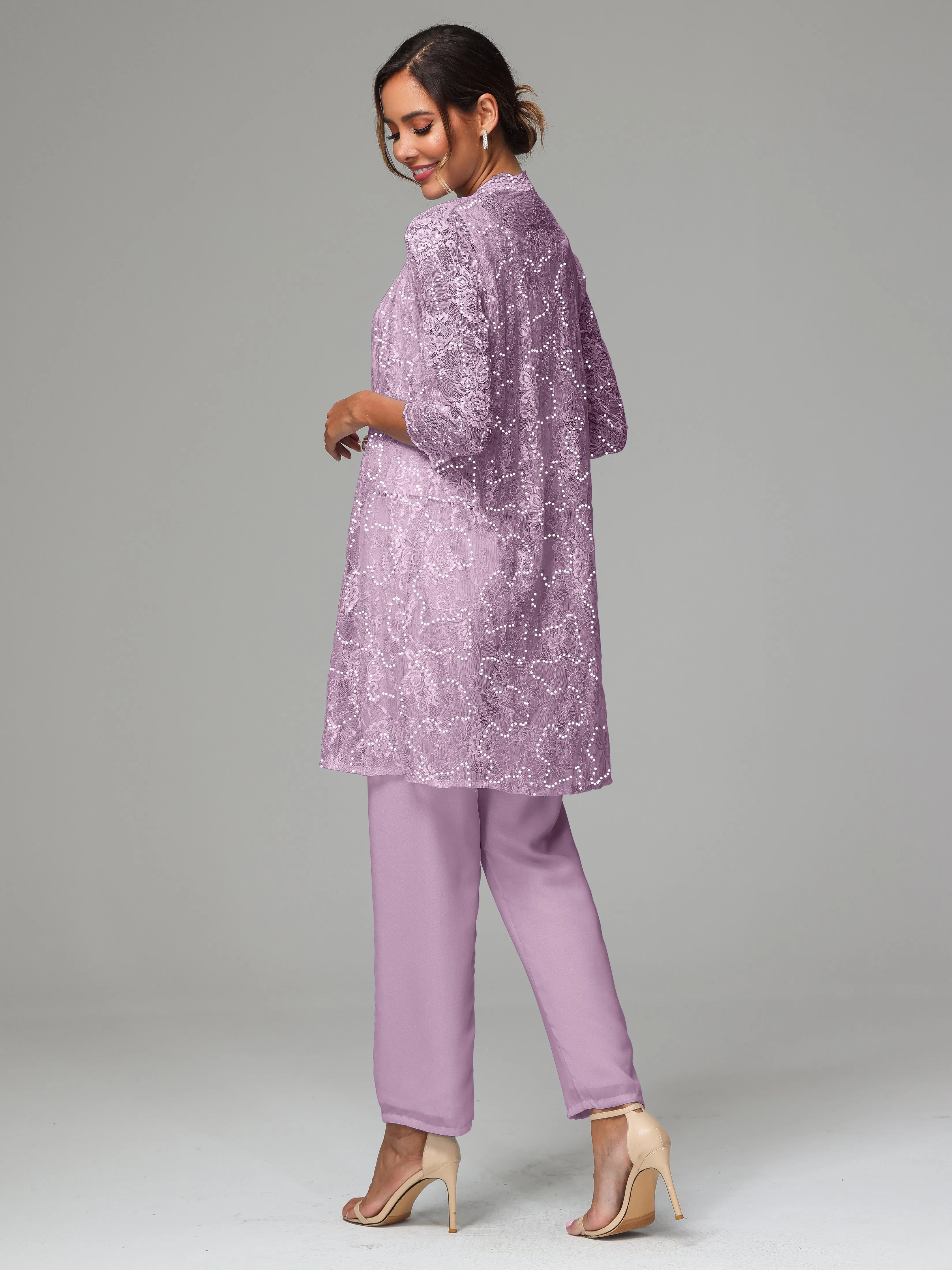 Chic Chiffon Lace 3 Pieces Long Sleeves Mother Of The Bride Dress Pants Suits