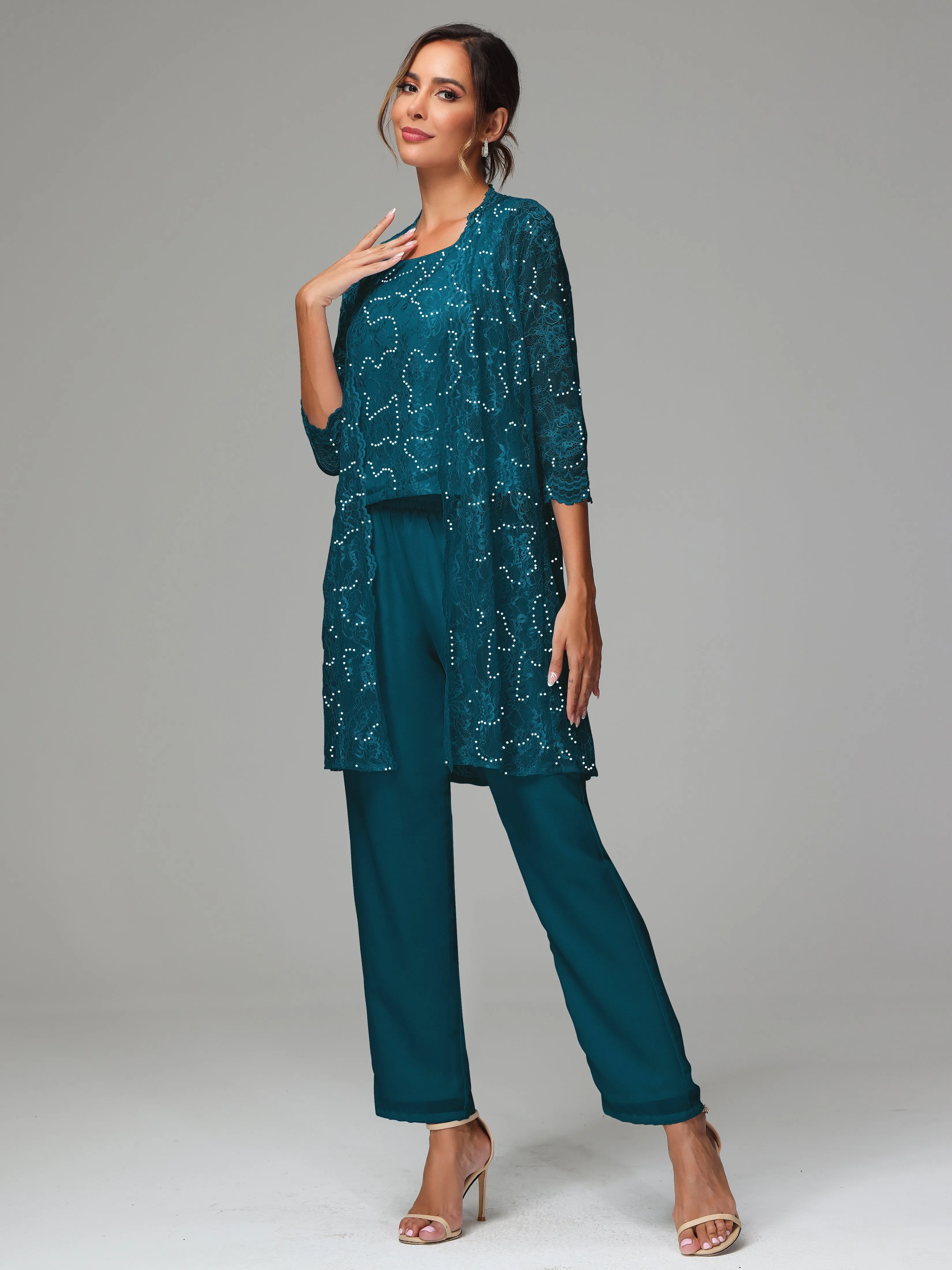 Chic Chiffon Lace 3 Pieces Long Sleeves Mother Of The Bride Dress Pants Suits