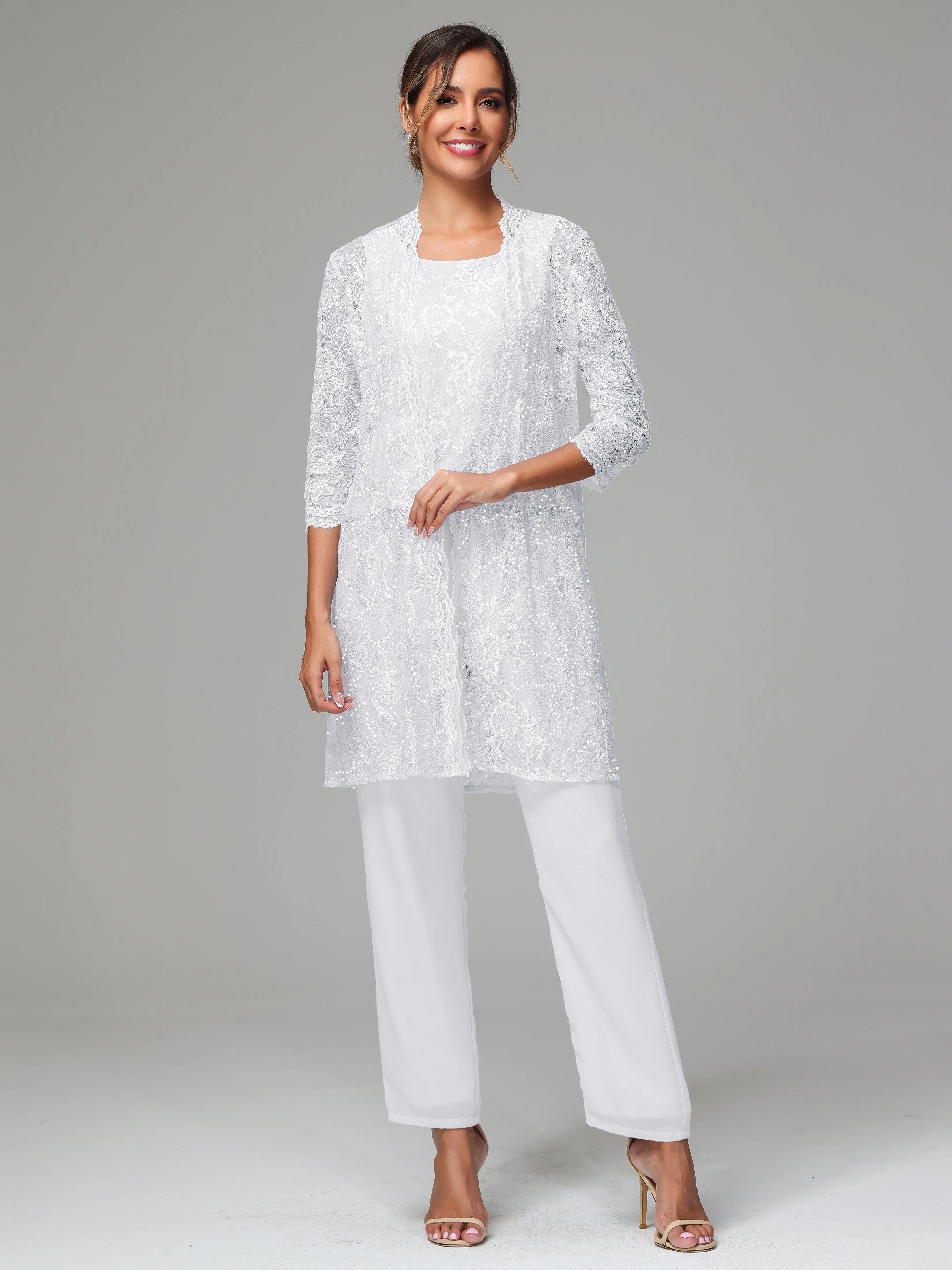 Chic Chiffon Lace 3 Pieces Long Sleeves Mother Of The Bride Dress Pants Suits