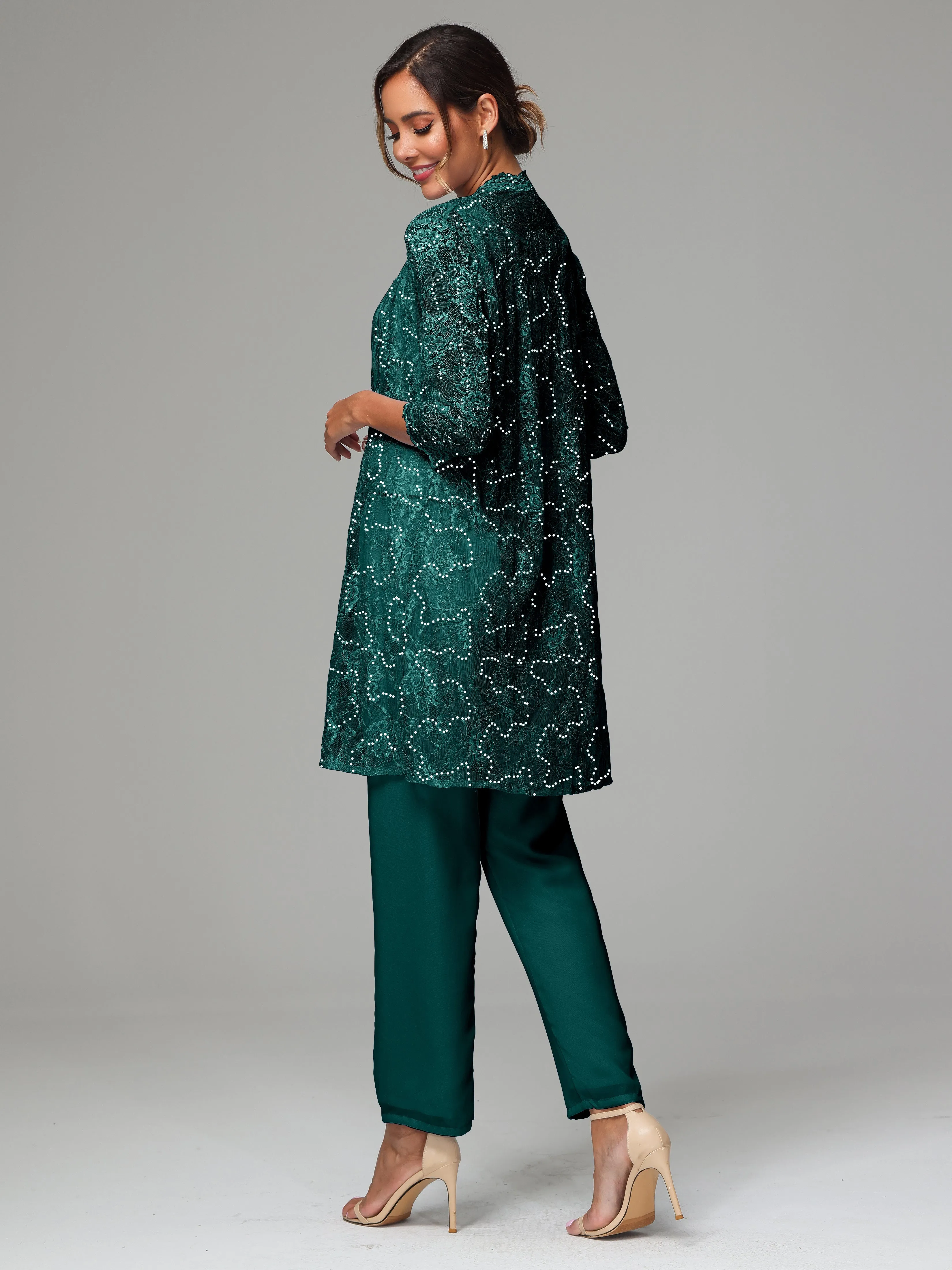 Chic Chiffon Lace 3 Pieces Long Sleeves Mother Of The Bride Dress Pants Suits
