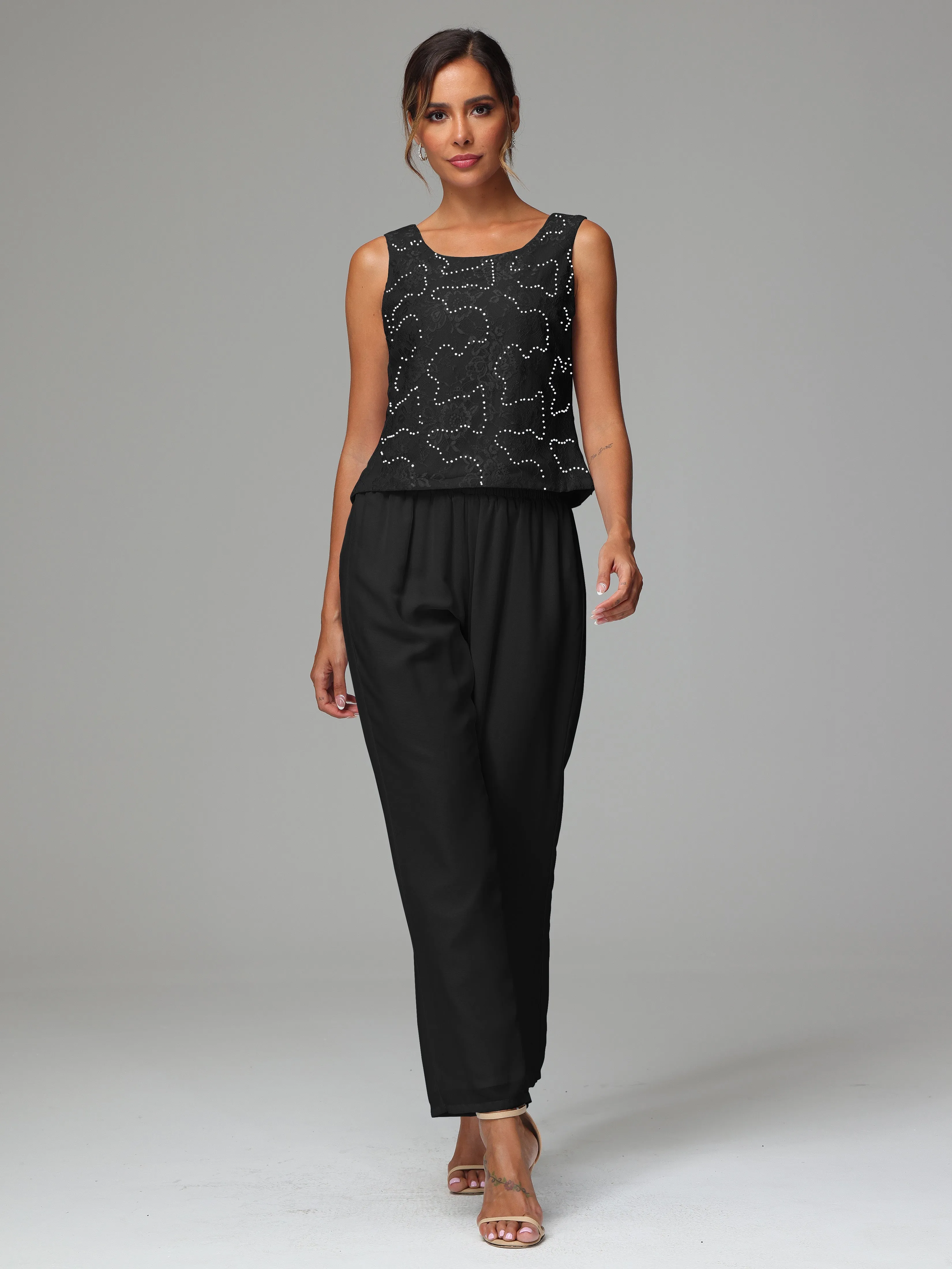 Chic Chiffon Lace 3 Pieces Long Sleeves Mother Of The Bride Dress Pants Suits