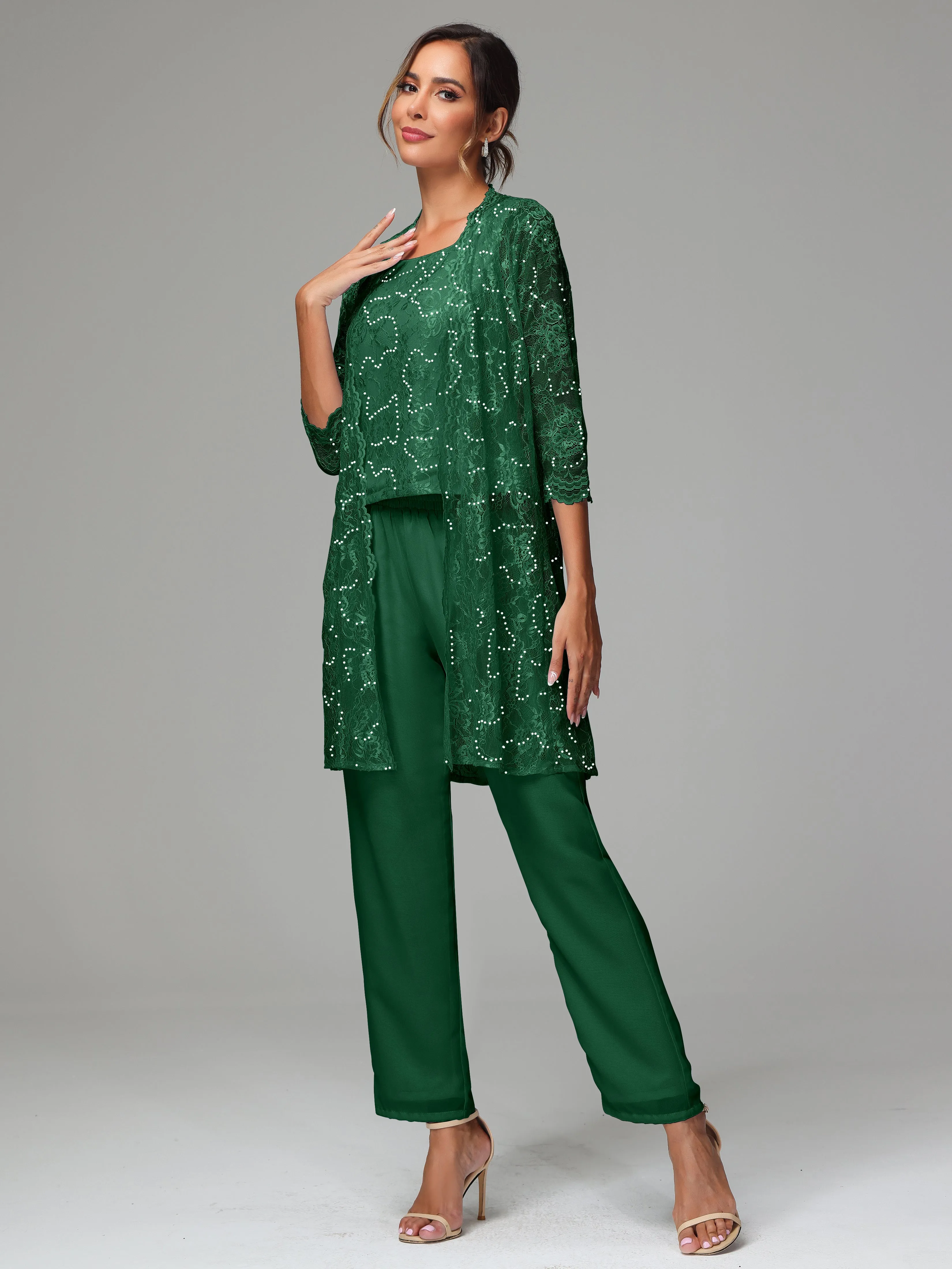 Chic Chiffon Lace 3 Pieces Long Sleeves Mother Of The Bride Dress Pants Suits
