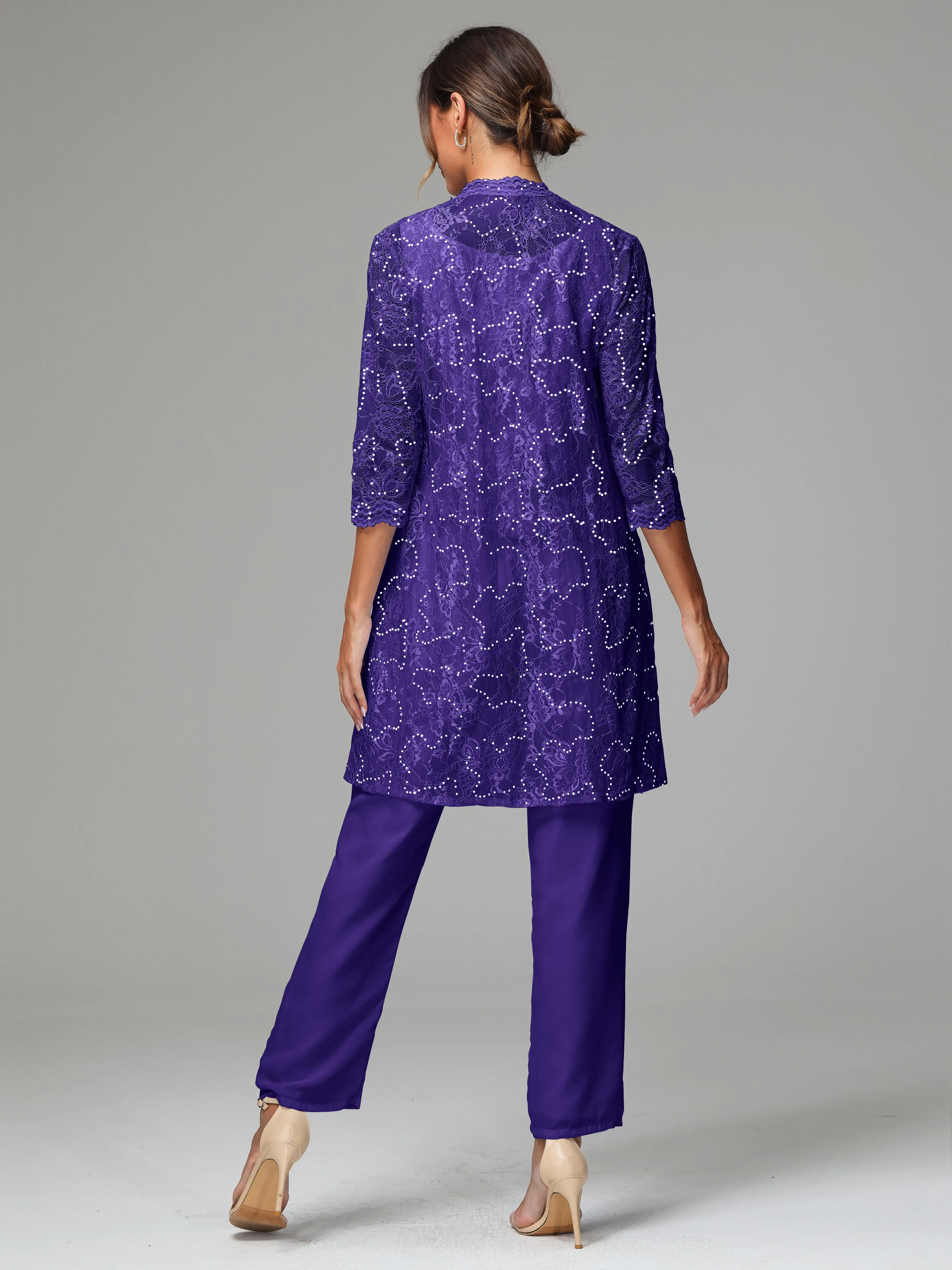 Chic Chiffon Lace 3 Pieces Long Sleeves Mother Of The Bride Dress Pants Suits