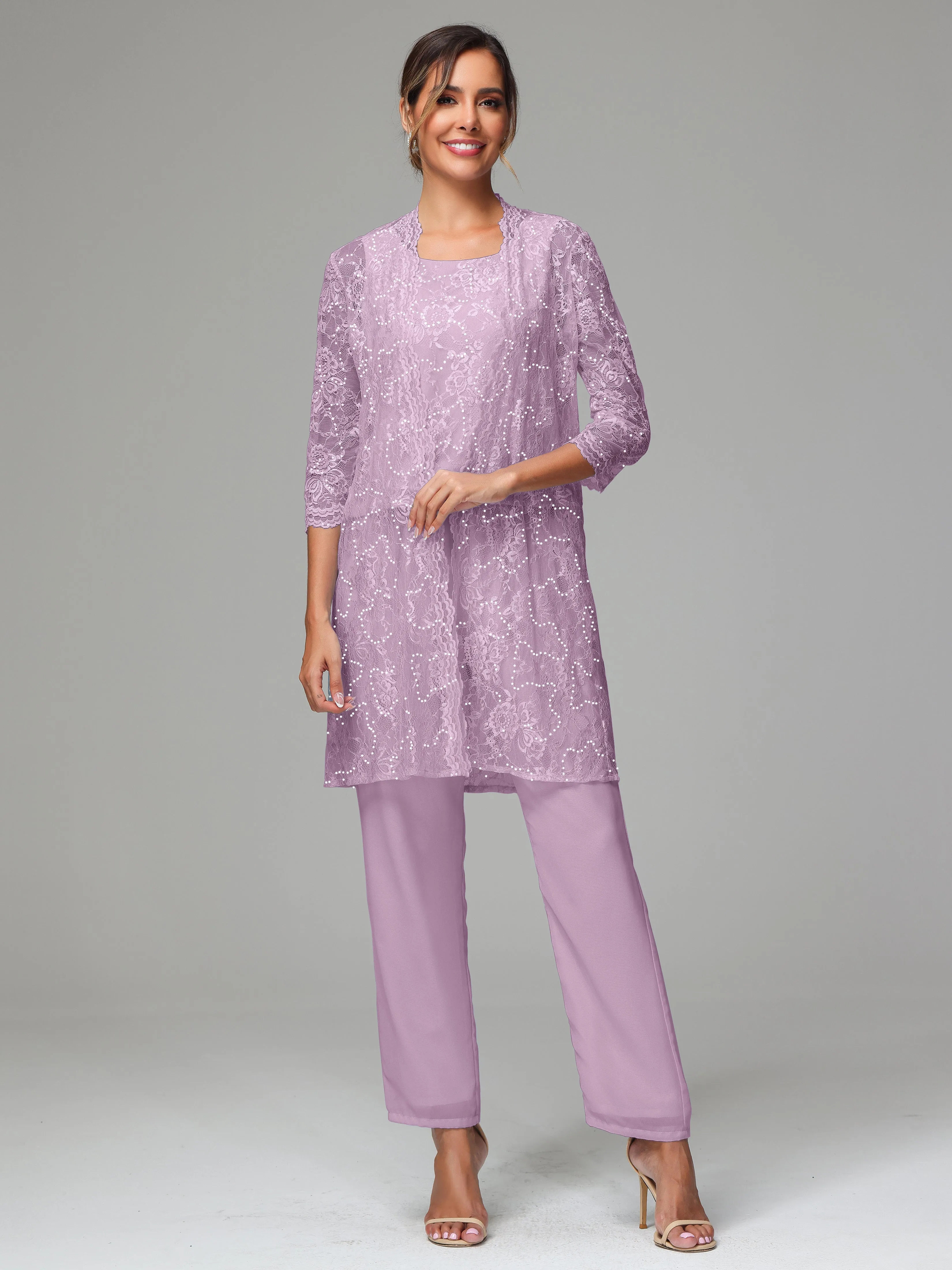 Chic Chiffon Lace 3 Pieces Long Sleeves Mother Of The Bride Dress Pants Suits