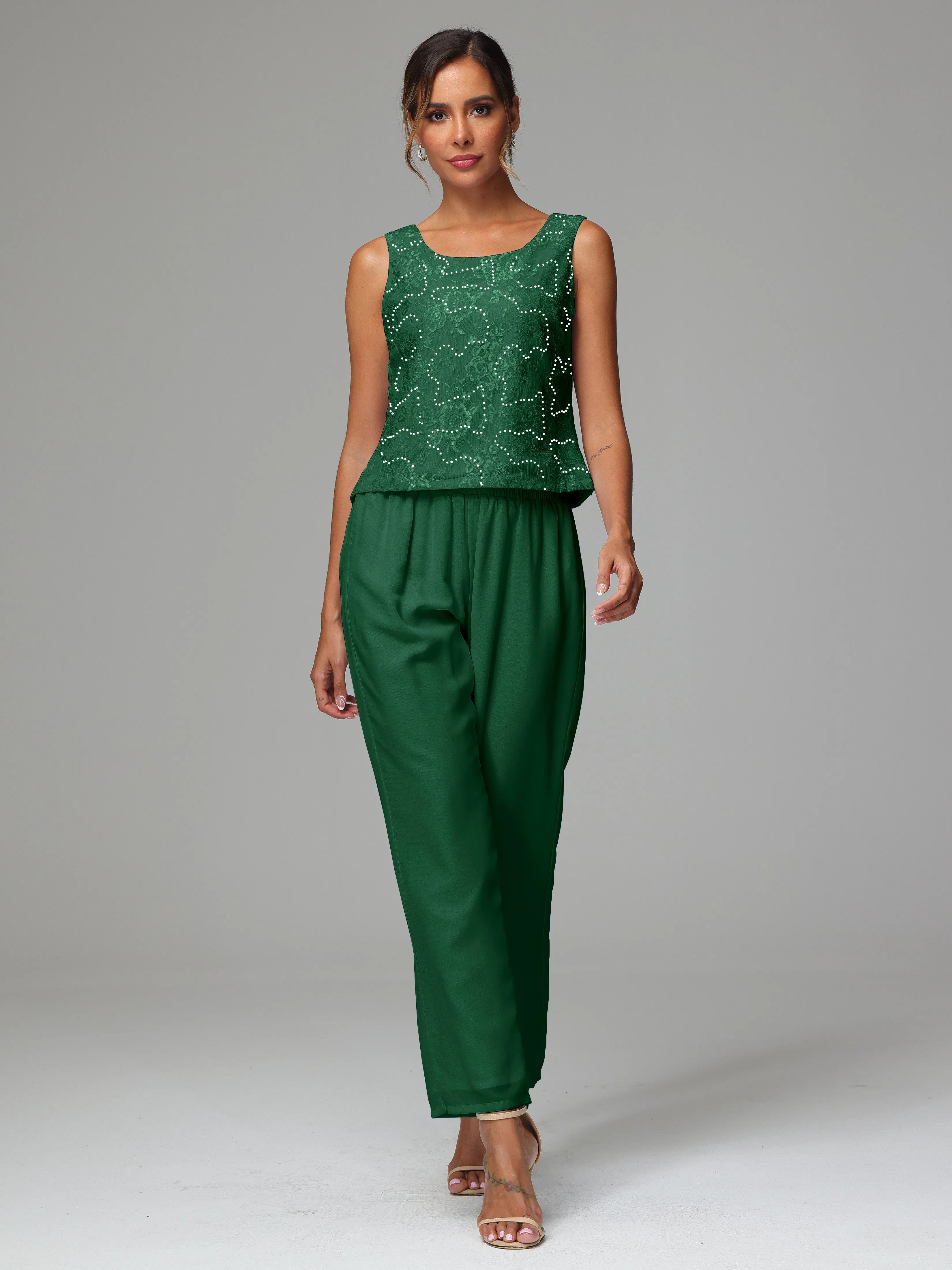 Chic Chiffon Lace 3 Pieces Long Sleeves Mother Of The Bride Dress Pants Suits