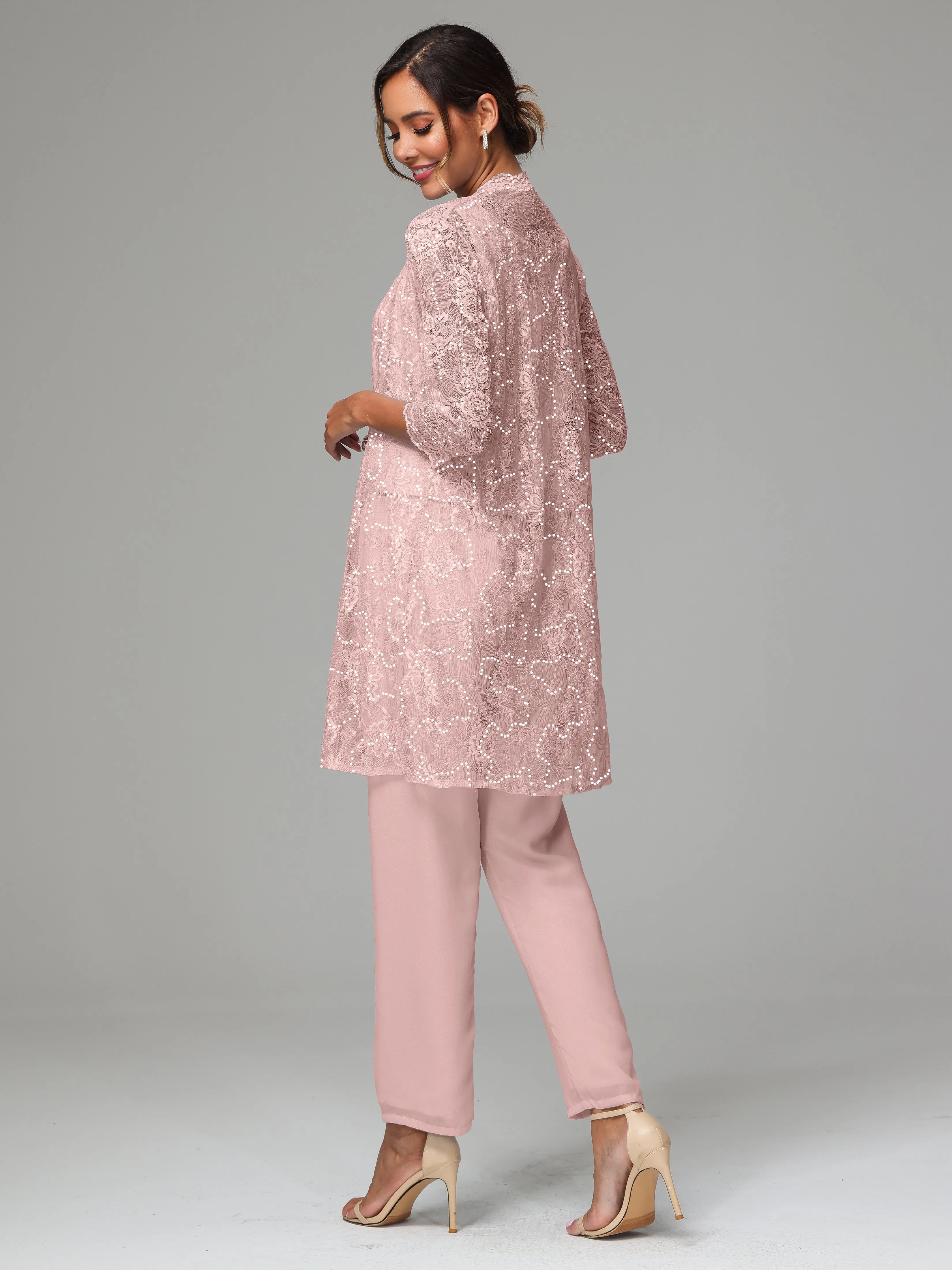 Chic Chiffon Lace 3 Pieces Long Sleeves Mother Of The Bride Dress Pants Suits