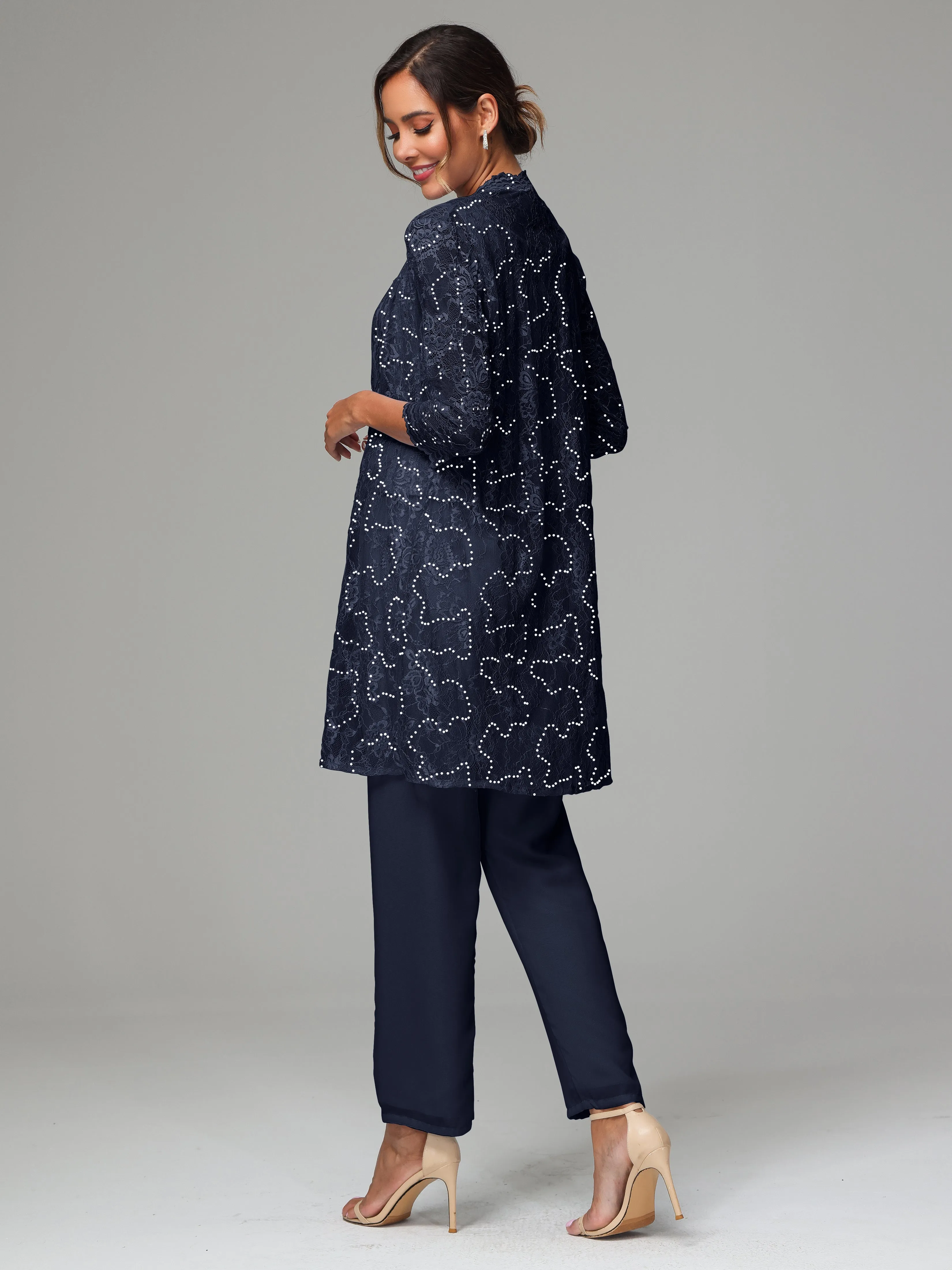 Chic Chiffon Lace 3 Pieces Long Sleeves Mother Of The Bride Dress Pants Suits