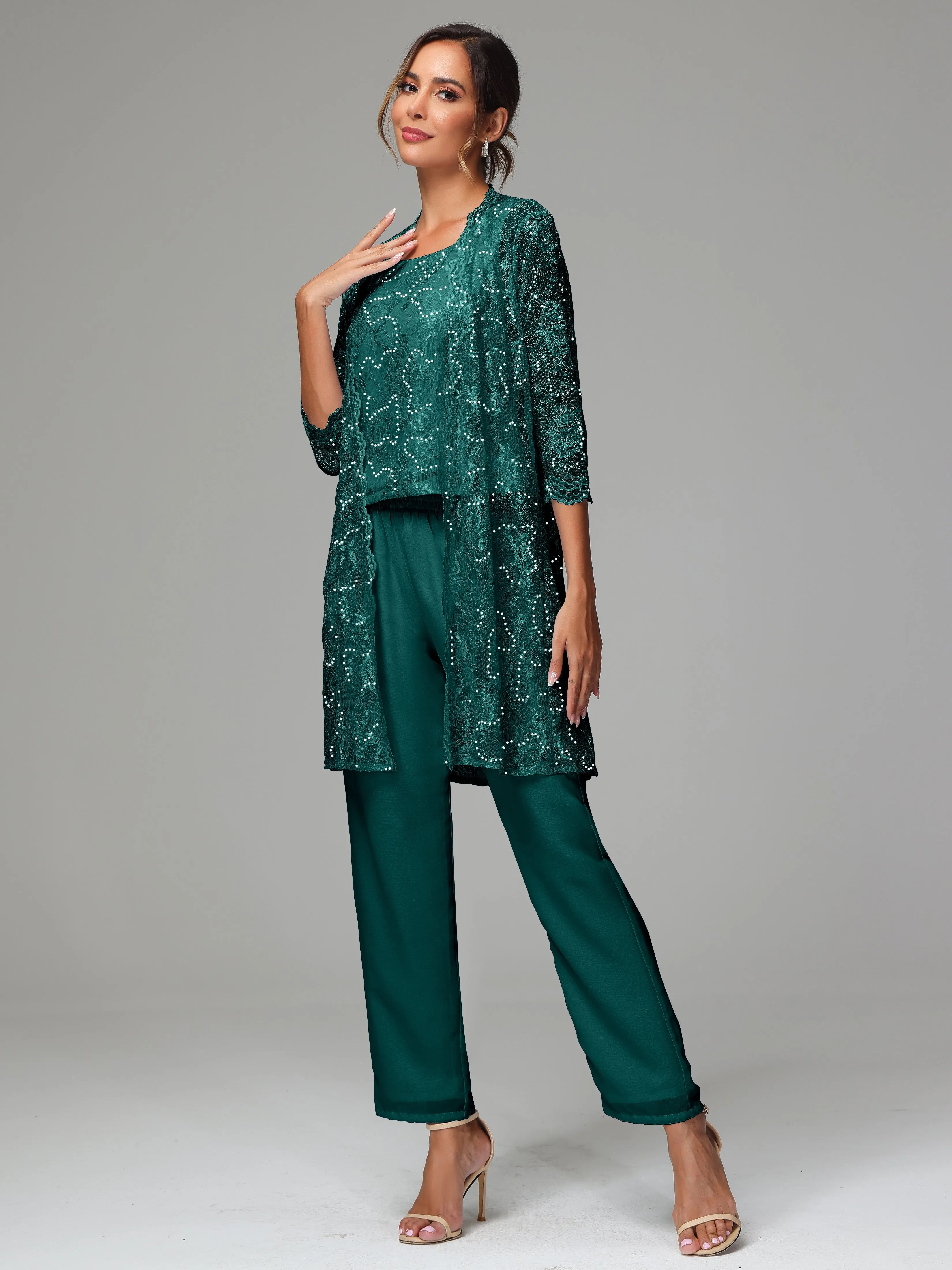 Chic Chiffon Lace 3 Pieces Long Sleeves Mother Of The Bride Dress Pants Suits