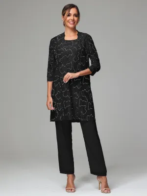 Chic Chiffon Lace 3 Pieces Long Sleeves Mother Of The Bride Dress Pants Suits