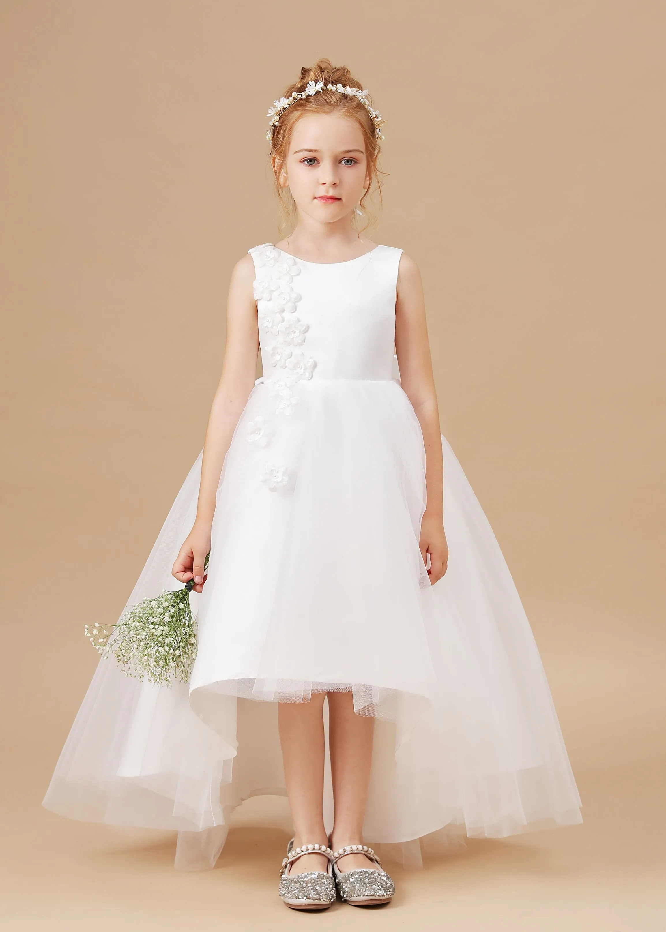 Chic Hi-Lo Sleeveless Applique Tulle Stain Flower Girl Dresses With Bownet
