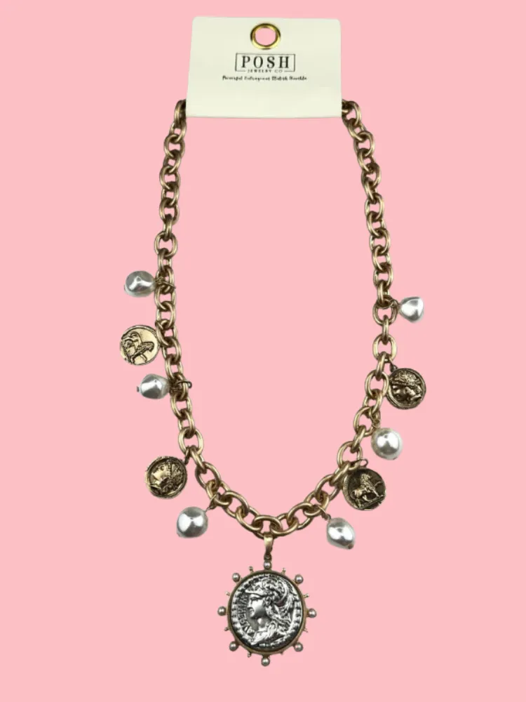 Coin & Pearl Bead Charm Necklace