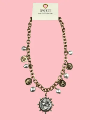 Coin & Pearl Bead Charm Necklace