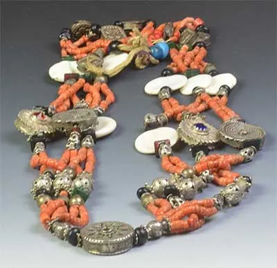 Coral, Shell and Silver Multi-strand Yemen Necklace