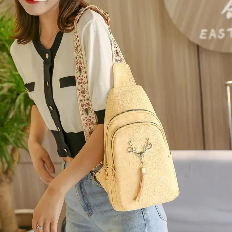 Crossbody Bag with Deer Tassel Design and Letter Embroidery
