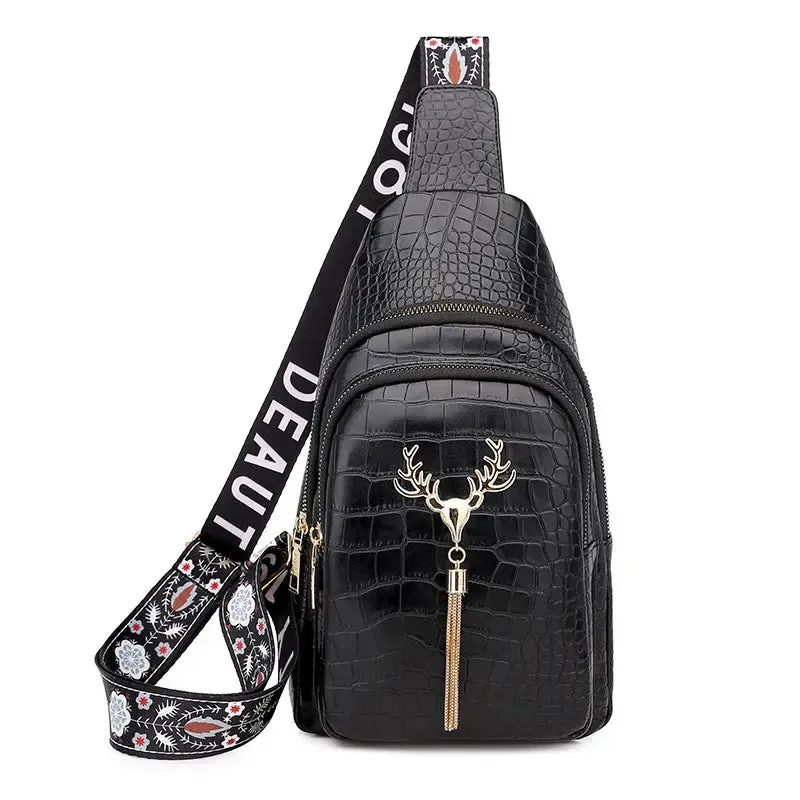 Crossbody Bag with Deer Tassel Design and Letter Embroidery