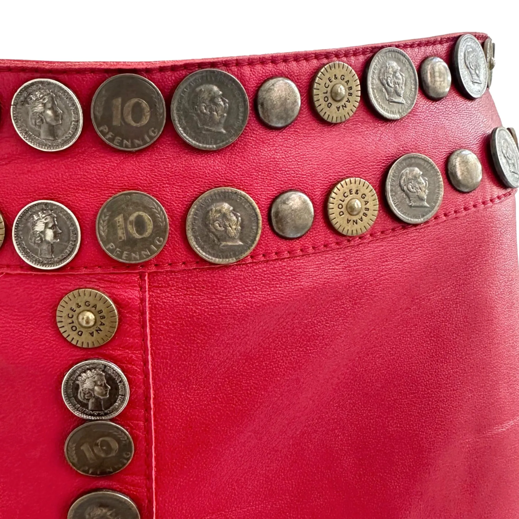 Dolce & Gabbana Red Leather Coin Mini Skirt