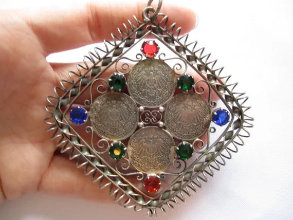 Estate Sterling Pendant, Vintage Deutsches 1/2 Mark Coin Rhinestone Pendant