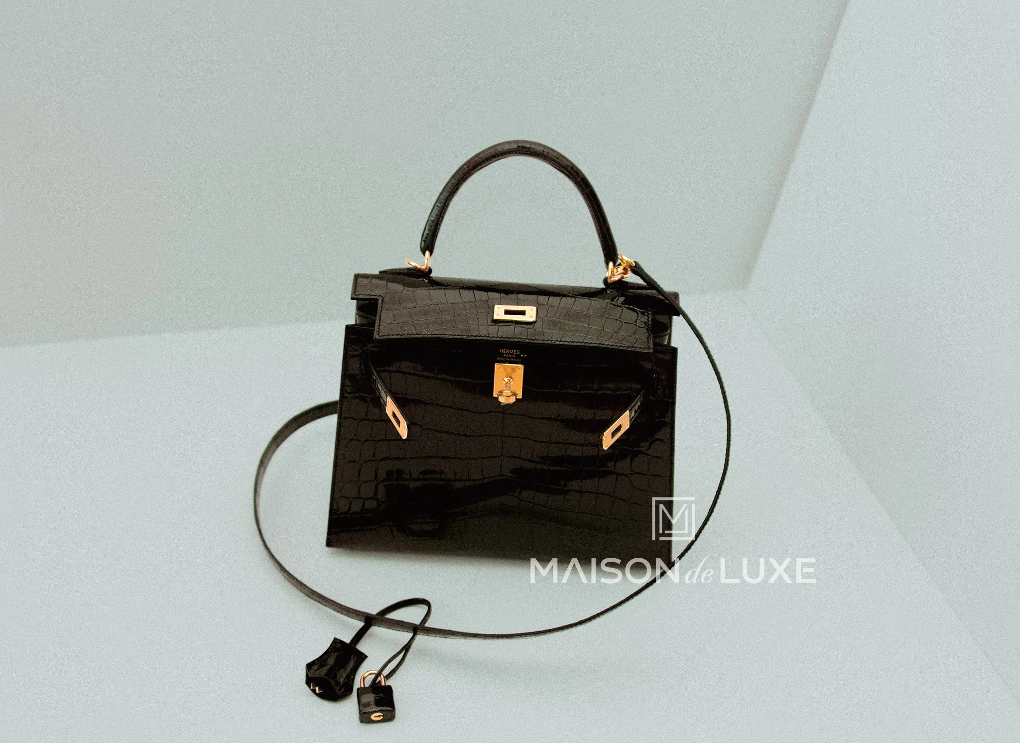 Hermes Kelly Sellier 25 Black Shiny Crocodile