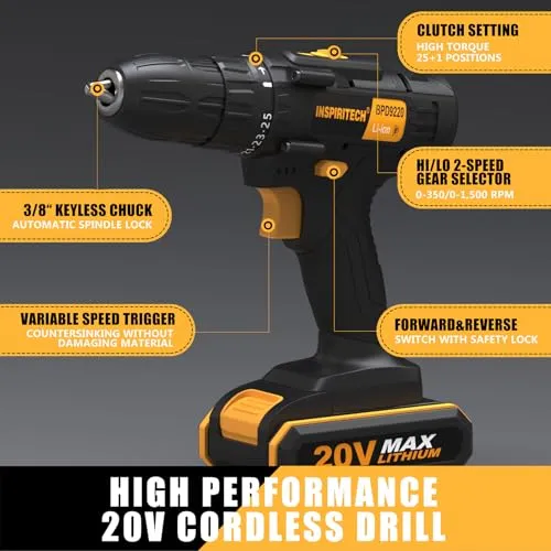 INSPIRITECH 20V Cordless Drill, Power Drill Set with 2 Batteries and Charger,3/8-Inch Chuck Electric Drill Kit with 24-Torque Setting, Drill Driver Bits and Tool Bag Included…