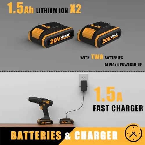 INSPIRITECH 20V Cordless Drill, Power Drill Set with 2 Batteries and Charger,3/8-Inch Chuck Electric Drill Kit with 24-Torque Setting, Drill Driver Bits and Tool Bag Included…