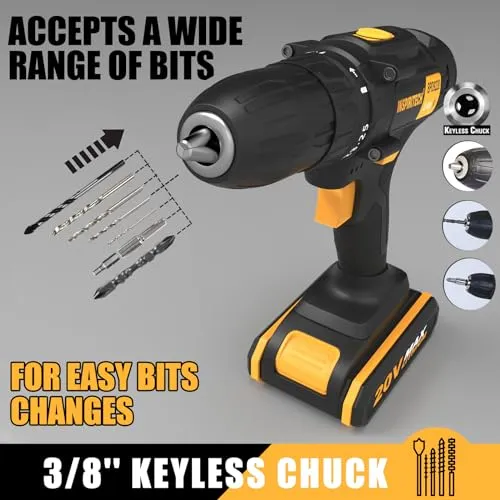 INSPIRITECH 20V Cordless Drill, Power Drill Set with 2 Batteries and Charger,3/8-Inch Chuck Electric Drill Kit with 24-Torque Setting, Drill Driver Bits and Tool Bag Included…