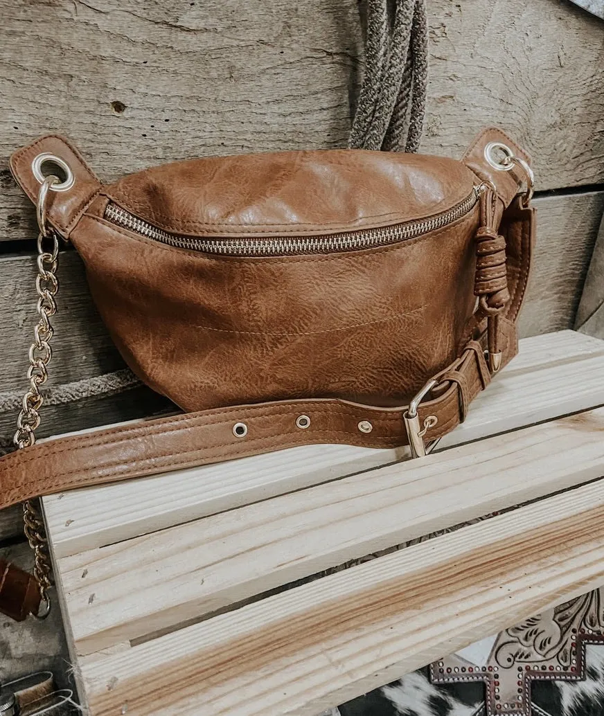 Leather Sling Purse with Gold Chain Accent
