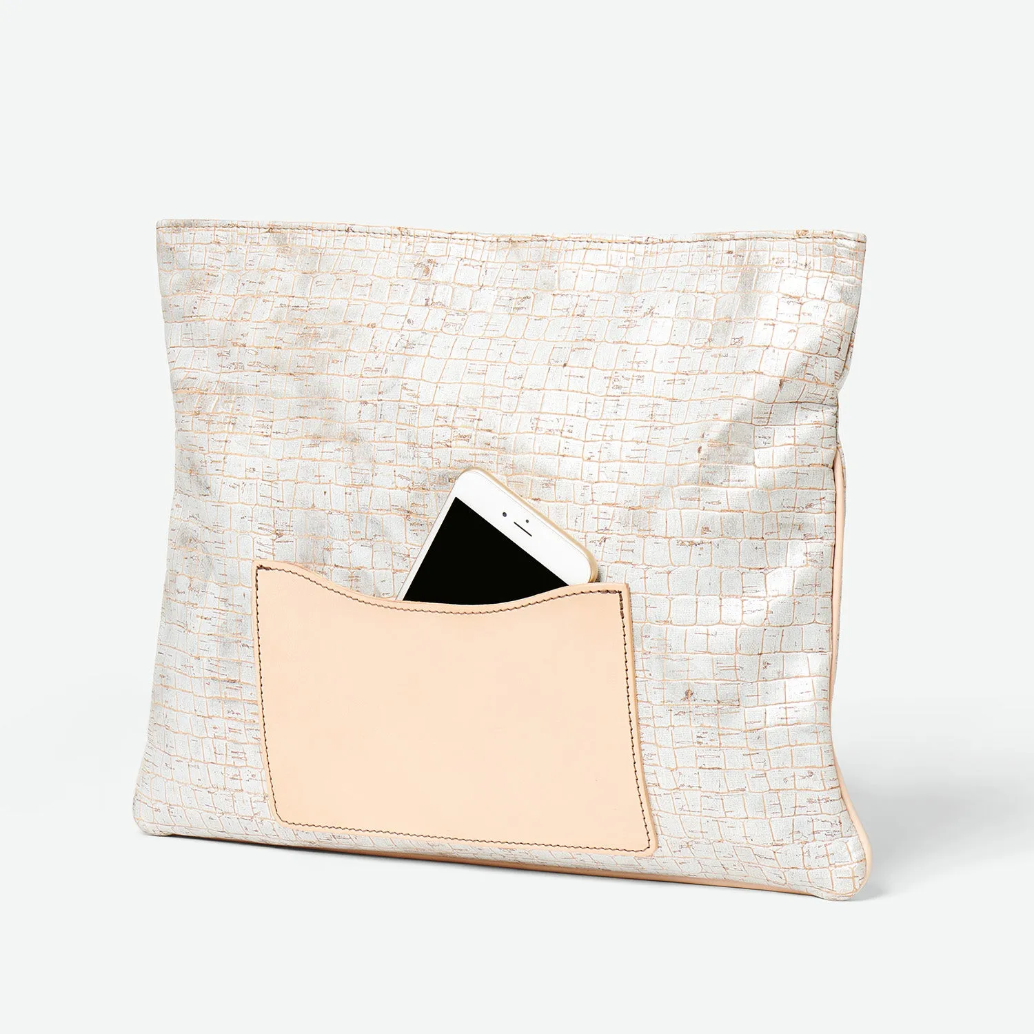 Melvia Handheld Cork Clutch/Portfolio - Silver Cayman-Embossed