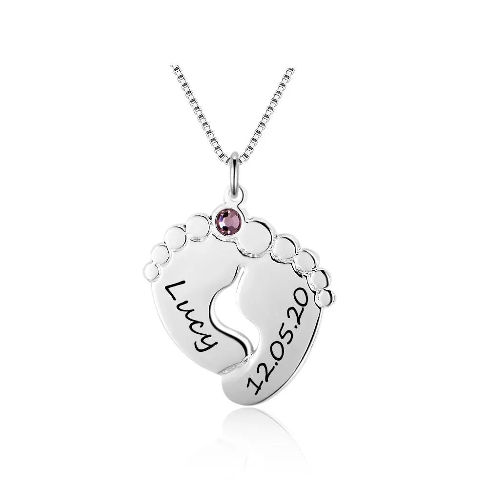 Personalized 925 Sterling Silver Baby Feet Customized Birthstone Name Engraved Pendant Necklace Jewelry Gift