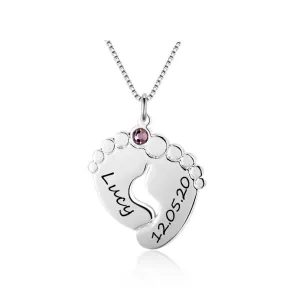 Personalized 925 Sterling Silver Baby Feet Customized Birthstone Name Engraved Pendant Necklace Jewelry Gift