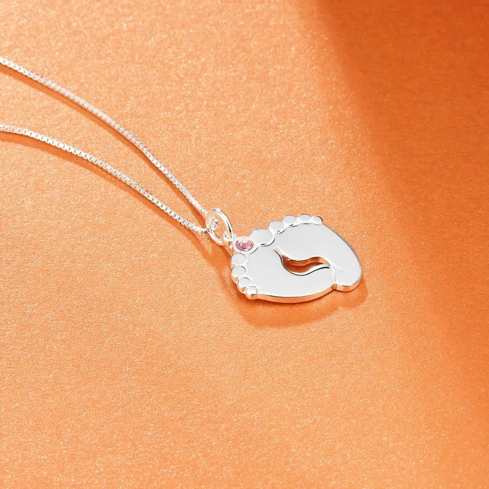 Personalized 925 Sterling Silver Baby Feet Customized Birthstone Name Engraved Pendant Necklace Jewelry Gift