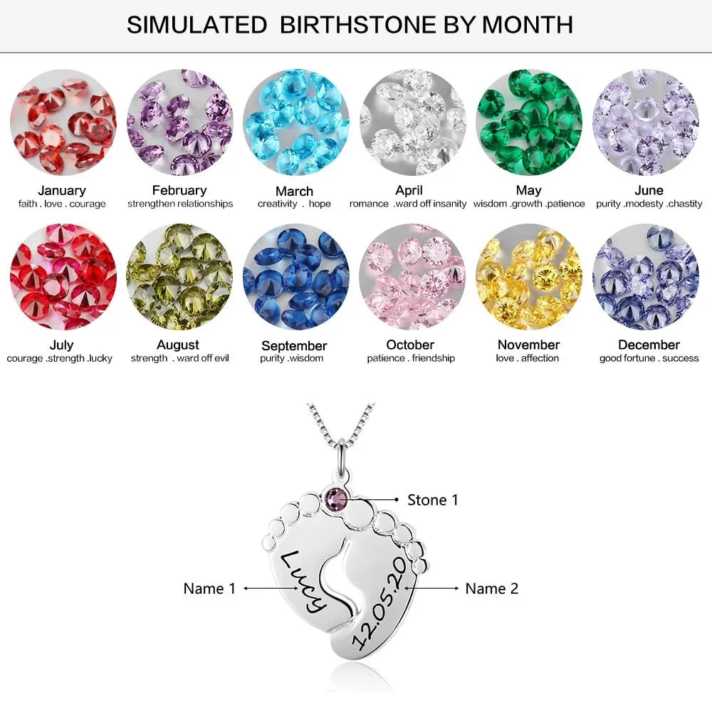 Personalized 925 Sterling Silver Baby Feet Customized Birthstone Name Engraved Pendant Necklace Jewelry Gift
