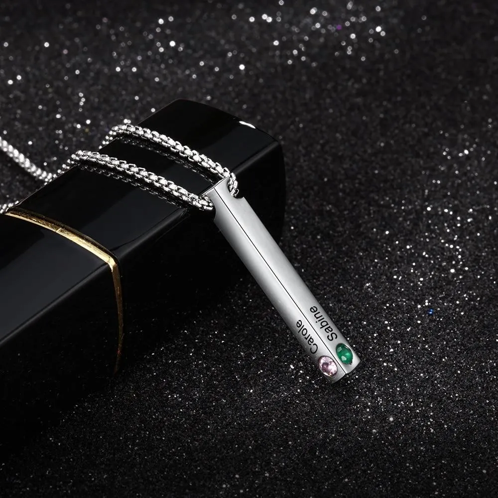 Personalized Stainless Steel Custom Name Bar Necklace, Engrave Name & Custom 4 Sides Birthstone Vertical Bar Pendant