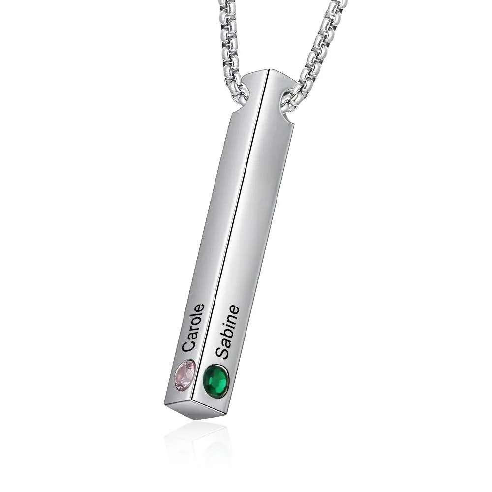 Personalized Stainless Steel Custom Name Bar Necklace, Engrave Name & Custom 4 Sides Birthstone Vertical Bar Pendant