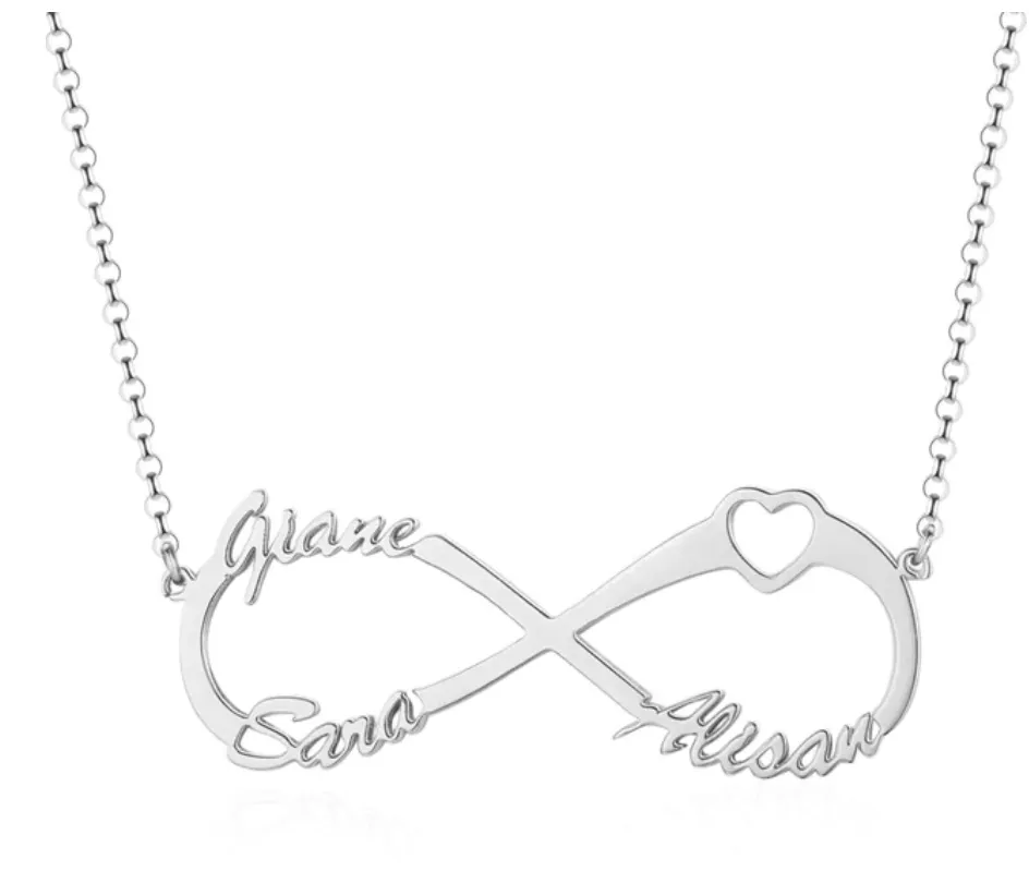 Personalized Sterling Silver Infinity Symbol 3 Custom Name Pendant Necklace, Gift for Family Members & Friends
